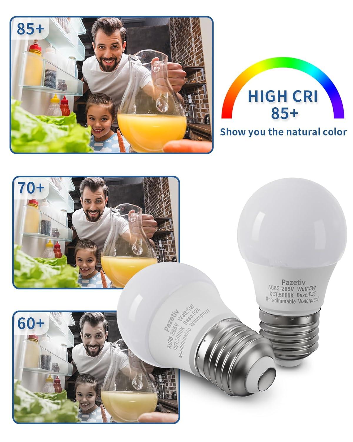 Waterproof LED Refrigerator Light Bulbs 40 watt Equivalent, 120V, Daylight 5000K, E26 Medium Base, Fridge Light Bulb, Freezer Bulb, A15 LED Appliance Bulb, Not Dimmable