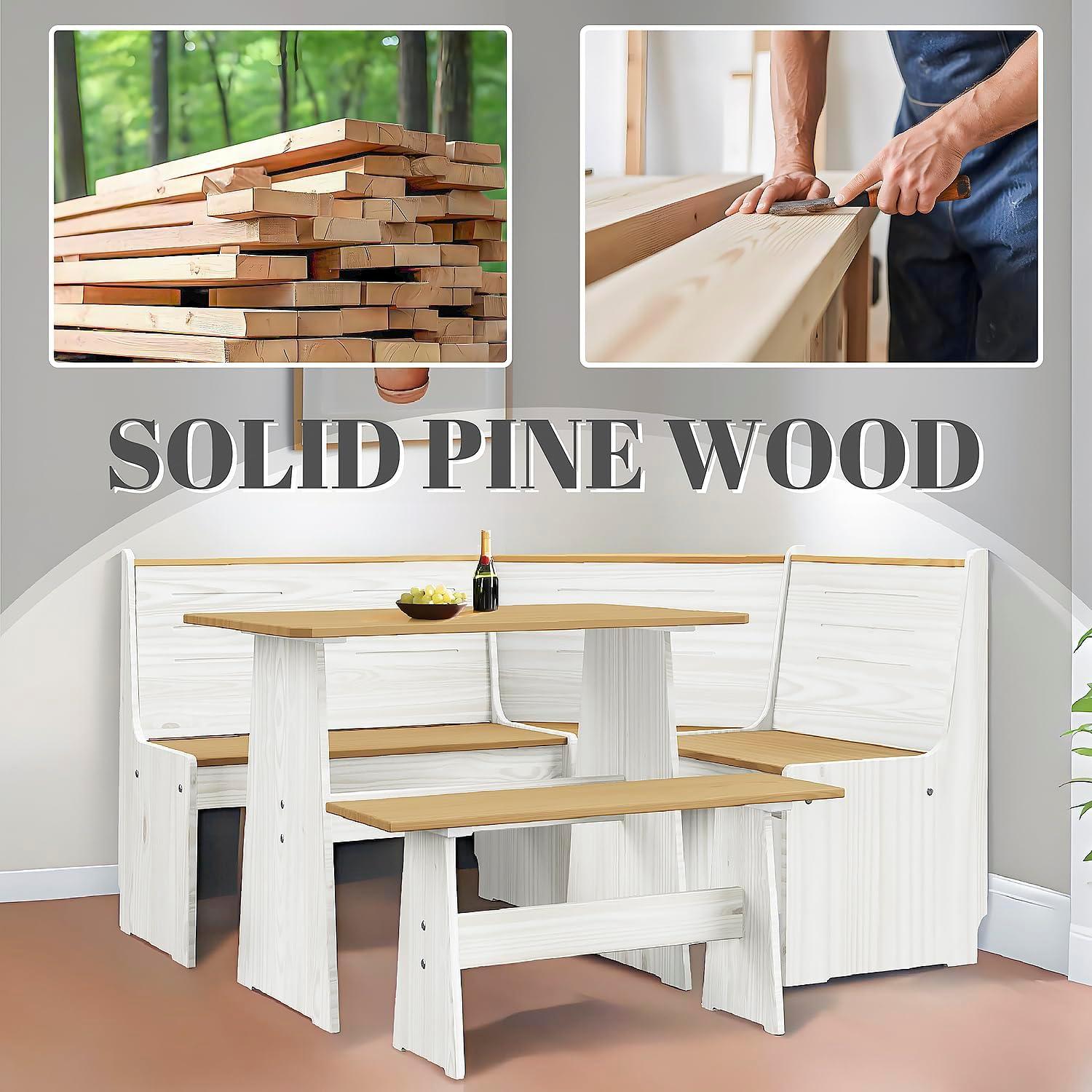 Breakfast Nook Corner Dining Table Kitchen Bench Chair Set, Space-Saving 3-5 People Seat Reversible L-Shape for Family Home White Wood