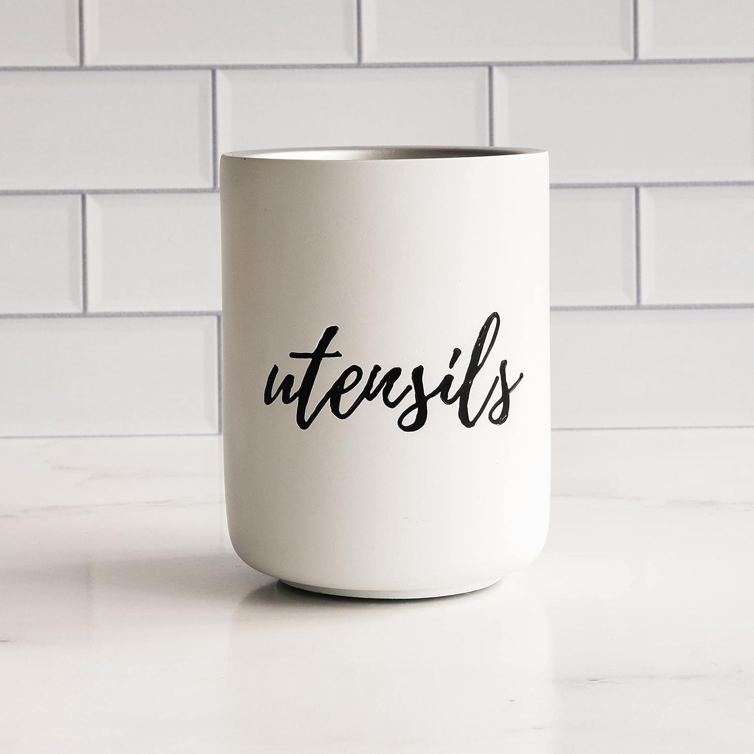 Styled Settings White & Silver Cement Utensil Holder