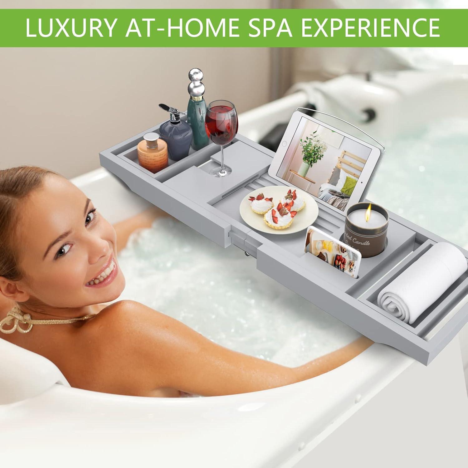 Artmalle Bathtub Tray Bath Caddy for Tub - Bamboo Adjustale Organizer Tray Bath Table for Bathroom, Foldable Luxury Tub Tray with Book Holder for Home Spa and Gift Choice, Gray