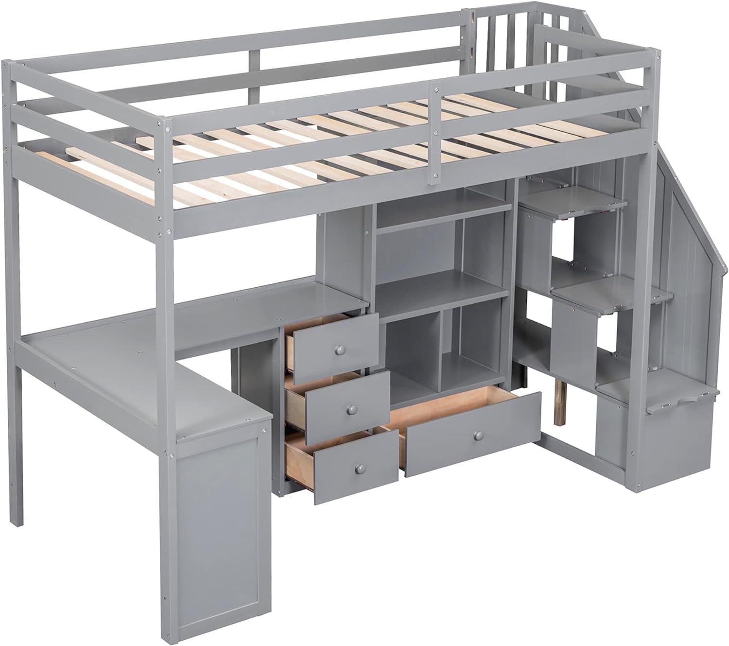 Twin Size Loft Bed with Staircase and L-Shaped Desk, Wooden Loft Bed with Storage Shelves and Drawers, Twin Loft Bunk Bed Frame for Kids Boys Girls Teens, No Box Spring Needed (Gray)