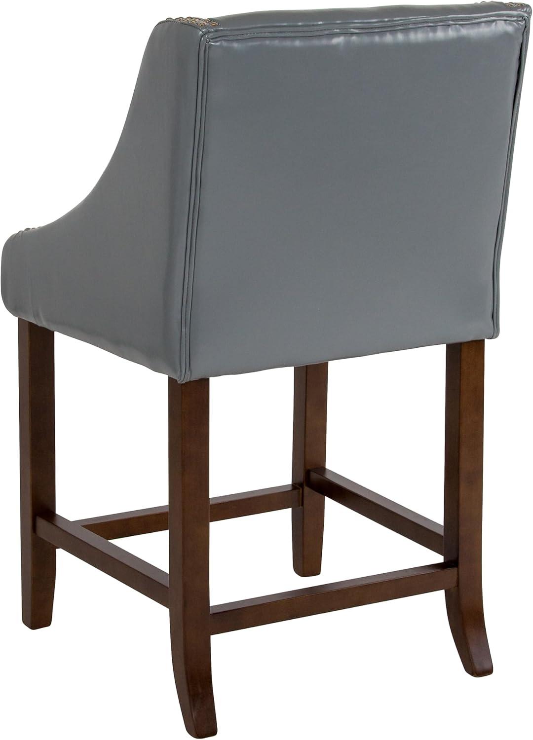 Flash Furniture Carmel Series 24" High Transitional Walnut Counter Height Stool with Nail Trim in Light Gray LeatherSoft, Set of 2