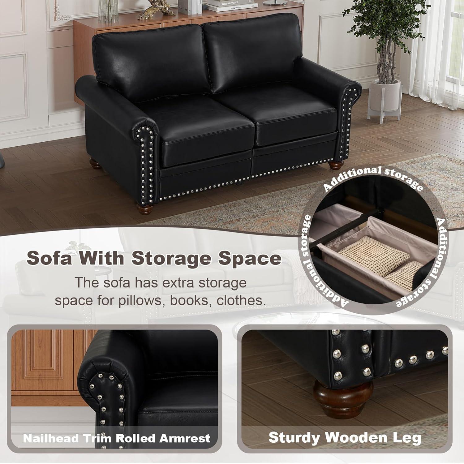 2 Piece Faux Leather Sofa Set,Modern Couch and Loveseat Sets with Storage,Mid Century Couch with Rivet Rolled Arm,Comfy Deep Seat Sofa,Furniture for Living Room,Office(Loveseat+3 Seater,Black)