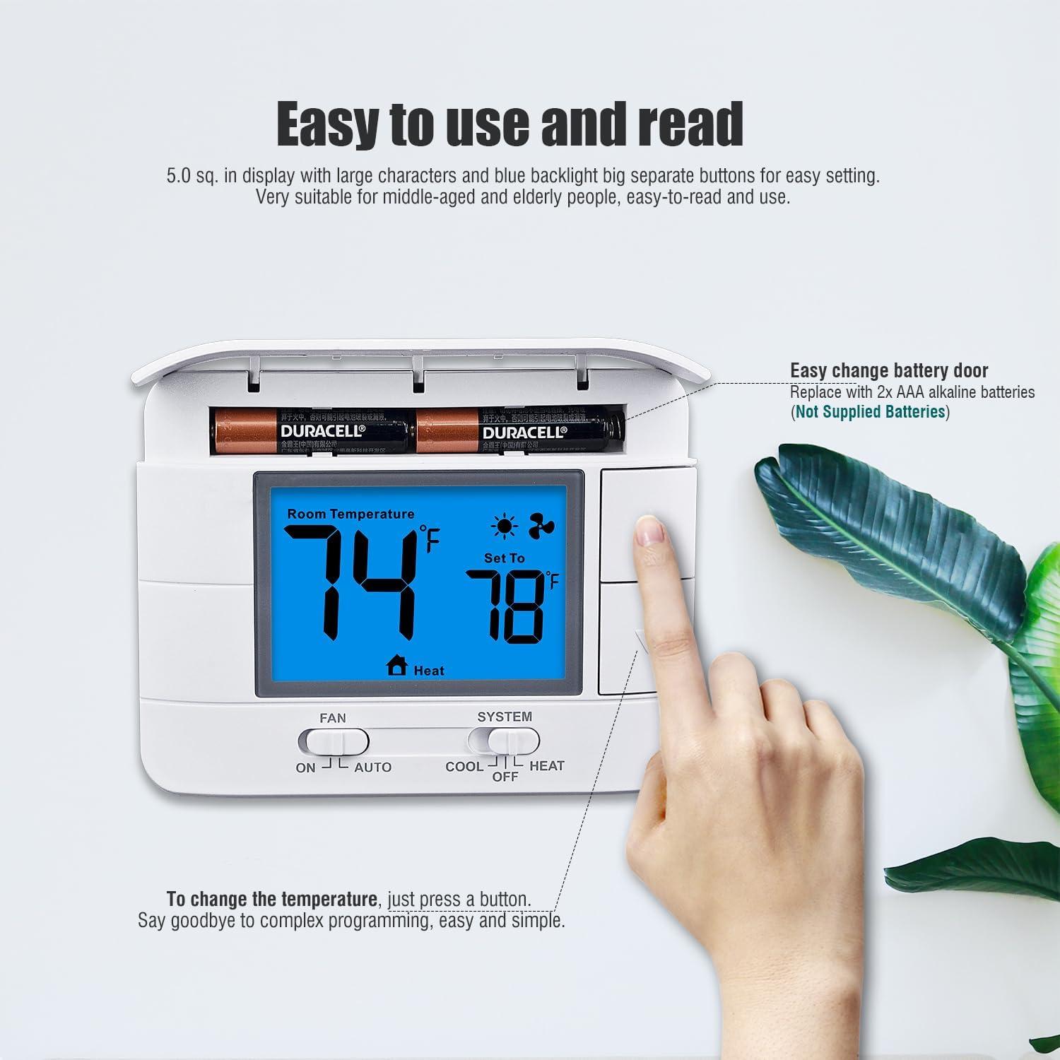Non Programmable Thermostat for Home 1 Heat/ 1 Cool Single-Stage System, with Room Temperature Monitor (LCD White Backlit Screen)