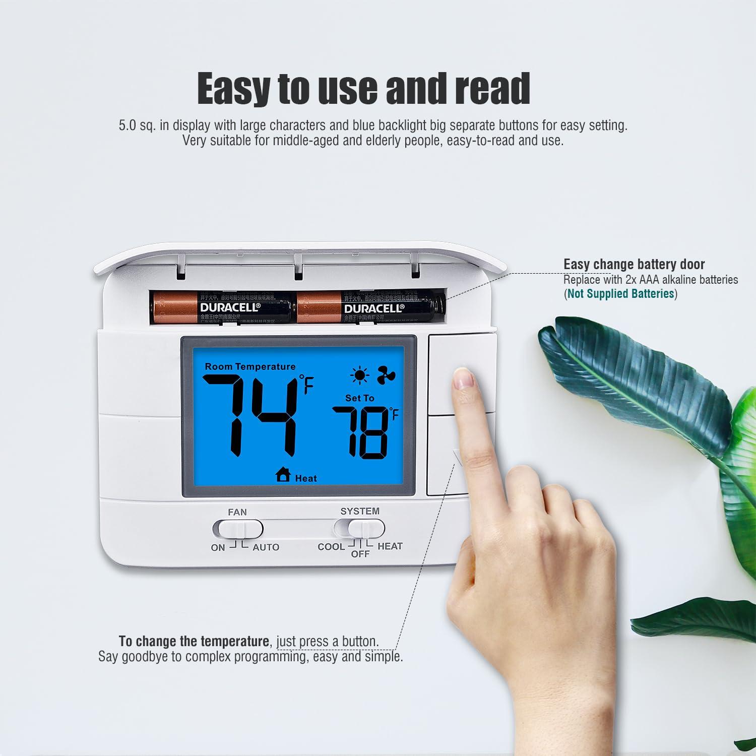 Non Programmable Thermostat for Home 1 Heat/ 1 Cool Single-Stage System, with Room Temperature Monitor (LCD White Backlit Screen)