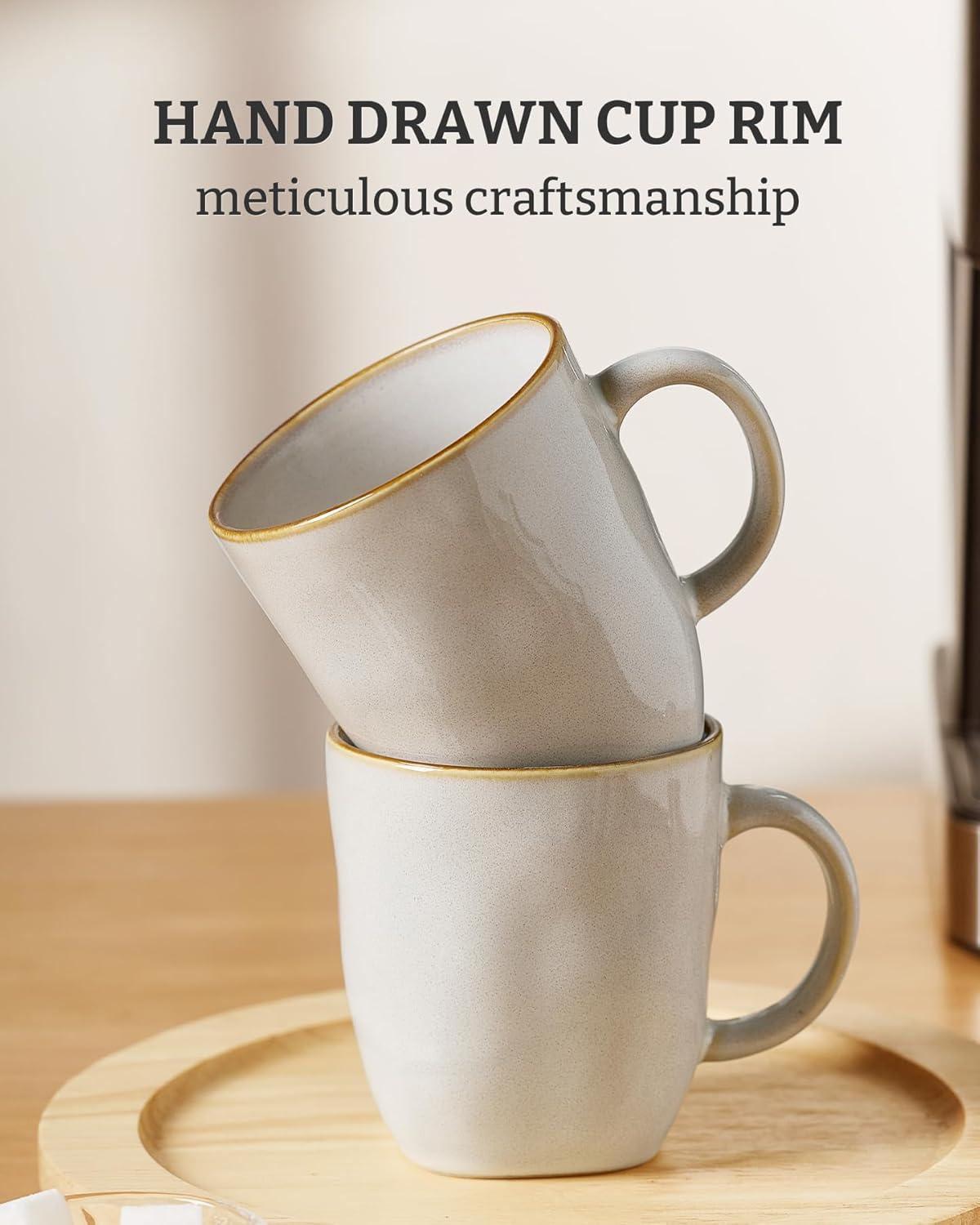 FAST APPLIANCES LLC Coffee Mugs Set Of 4, Ocean Square 13Oz Coffee Cup Set With Handle For Cocoa, Milk, Hot Chocolate, Tea, Water, Stoneware Cups For Kitchen, Microwave And Dishwasher Safe, Vanilla White