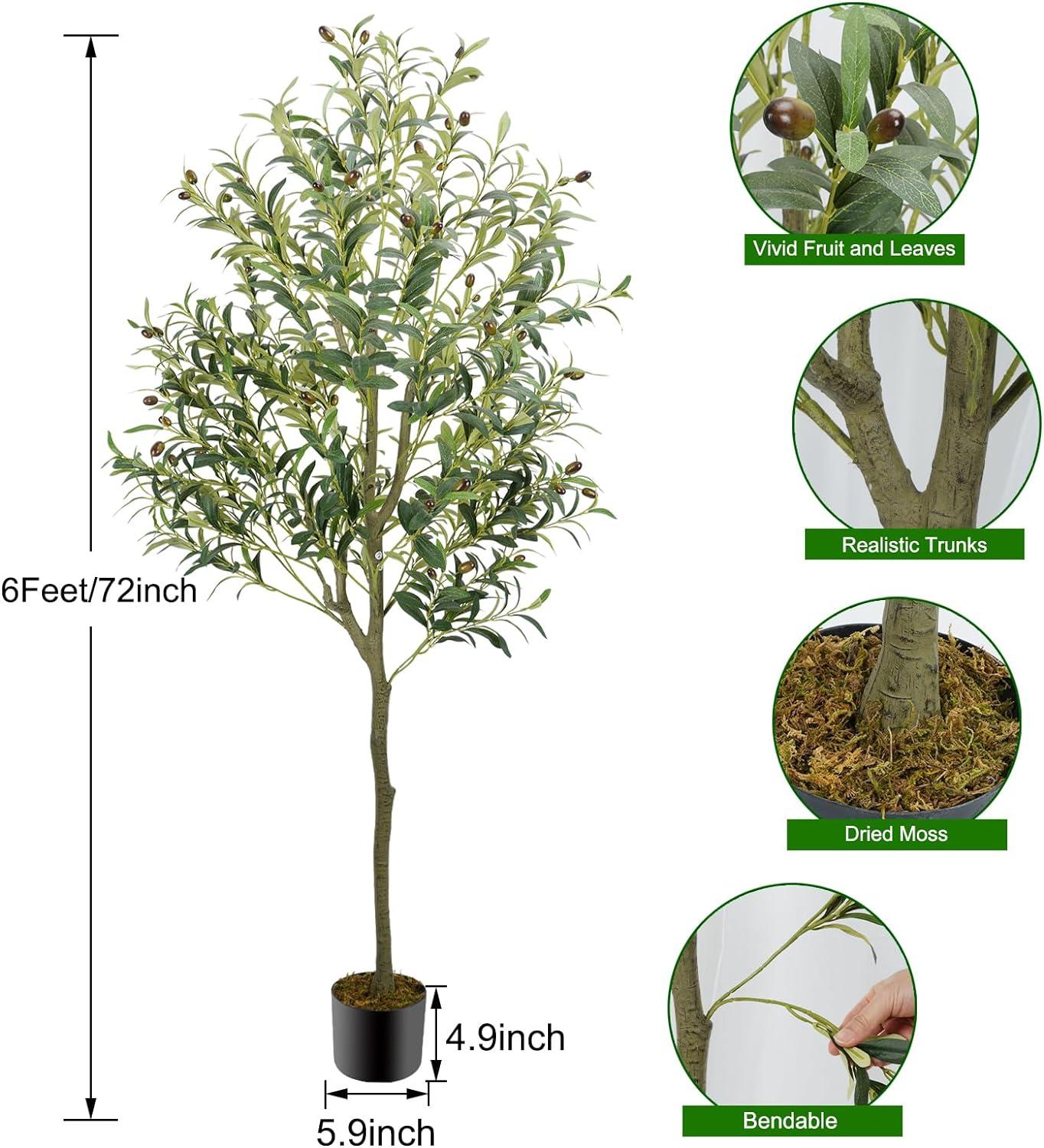 6FT Tall Artificial Olive Tree with Realistic Trunk and Leaves in White Pot