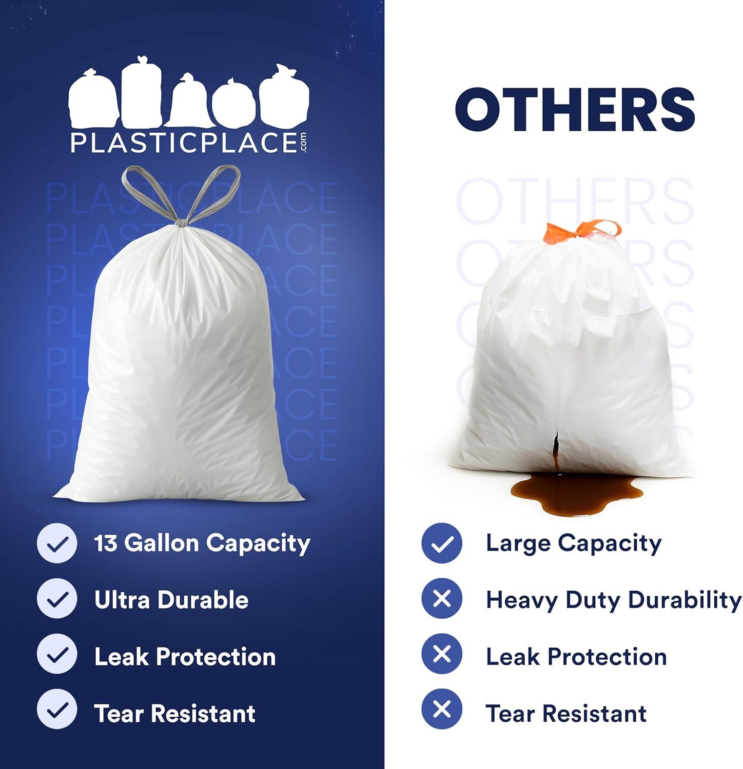 Plasticplace 13 Gallon Extra Tall Drawstring Kitchen Bags, 200 Count, White