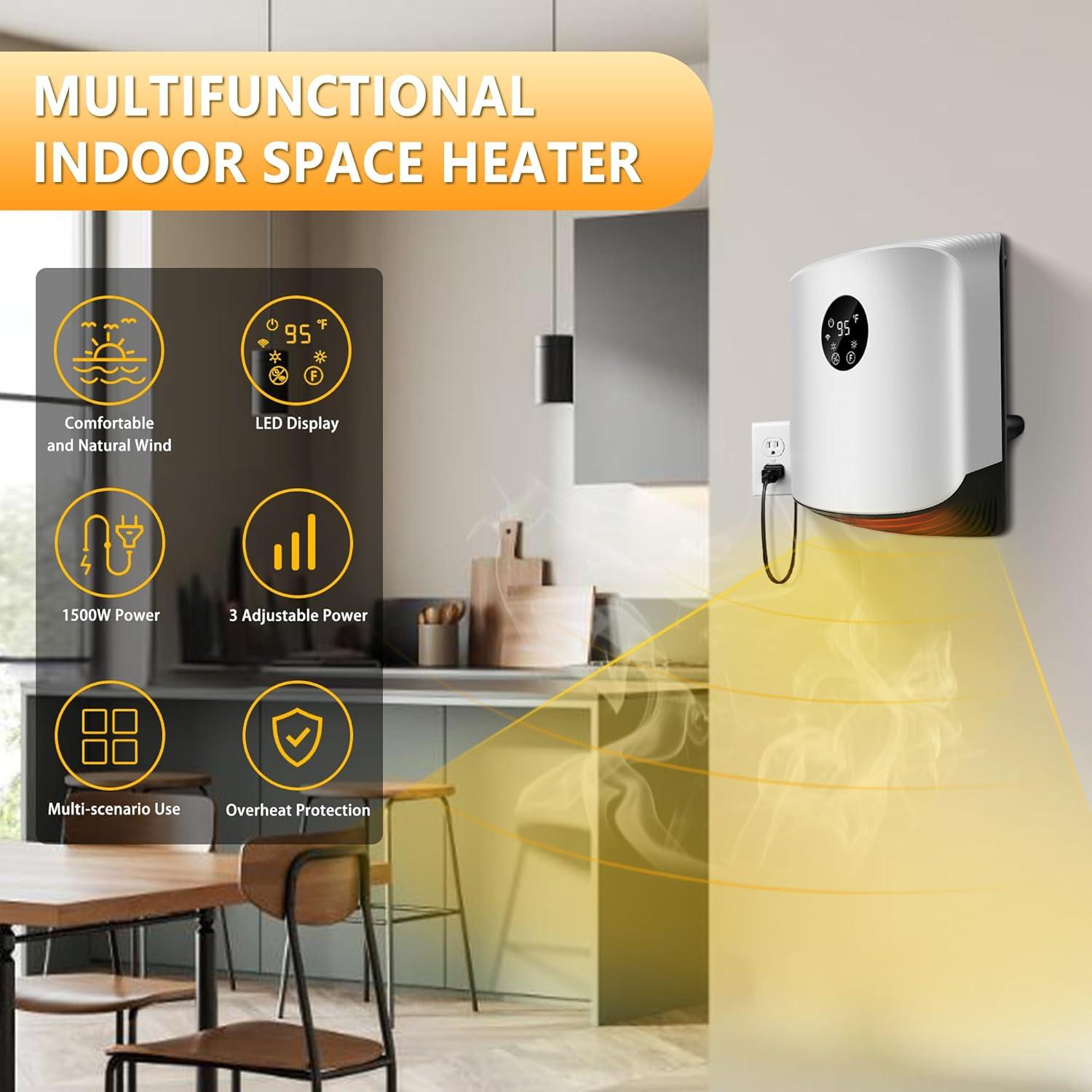 Space Heater for Indoor Use Wall Mounted with WIFI/Remote,1500W Portable Heater Fast Heating with Adjustable Thermostat,Quiet Heater for Bedroom/Living Room/Office