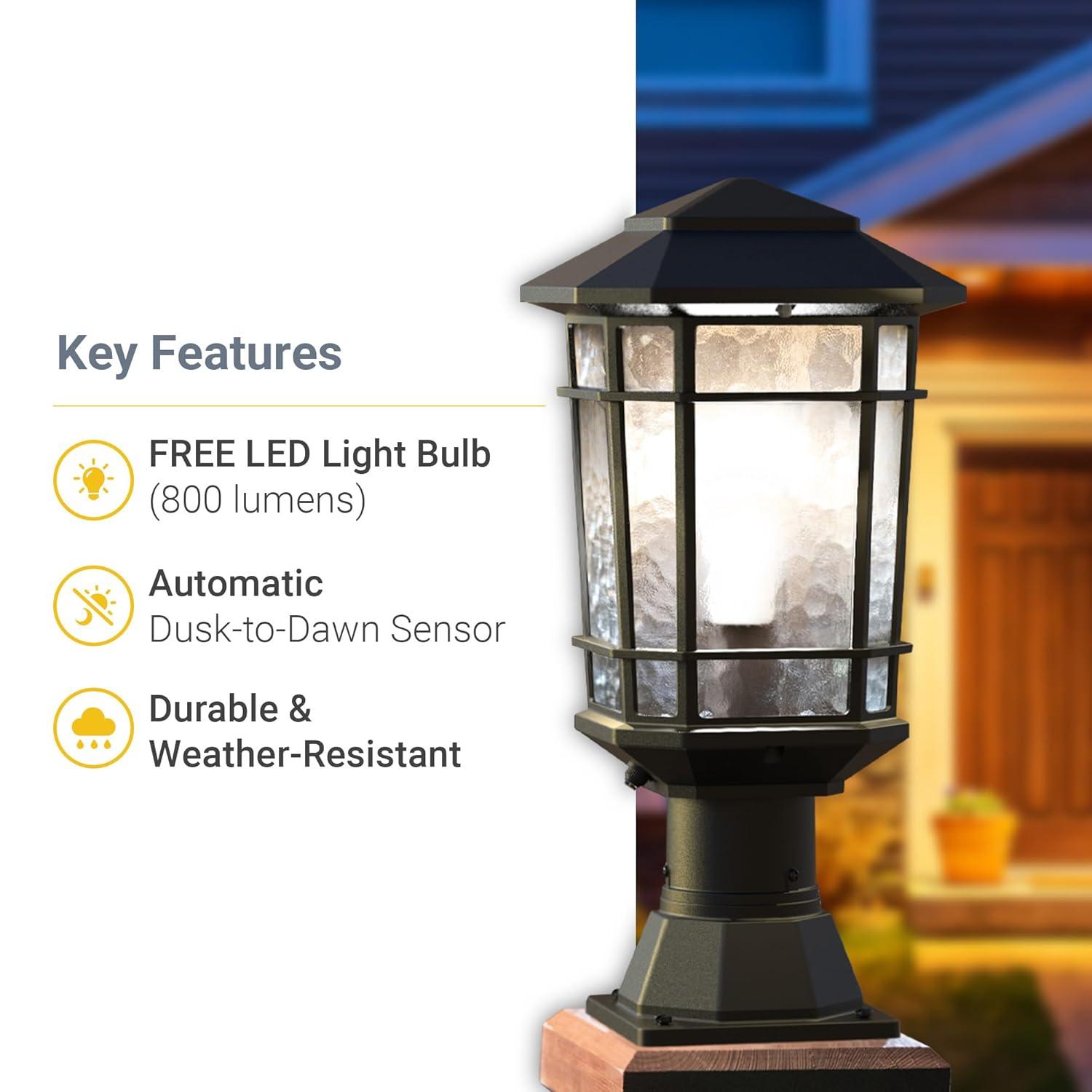 KODA Williams 18.6-in Black Craftsman Outdoor Pier mount with Dusk-to Dawn Sensor Photocell Sensor