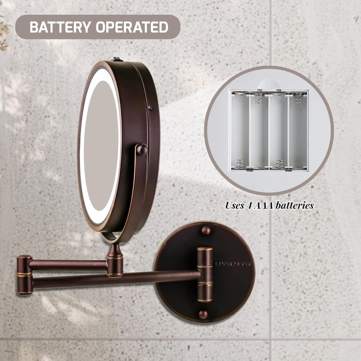 Ovente OVENTE 7" Lighted Wall Mount Makeup Mirror with 1X/10X Magnification, Cordless Double Sided Magnifying Round Vanity Mirror, 360° Swivel Design, Extendable and Folding Arm, Antique Bronze MFW70ABZ1X10X