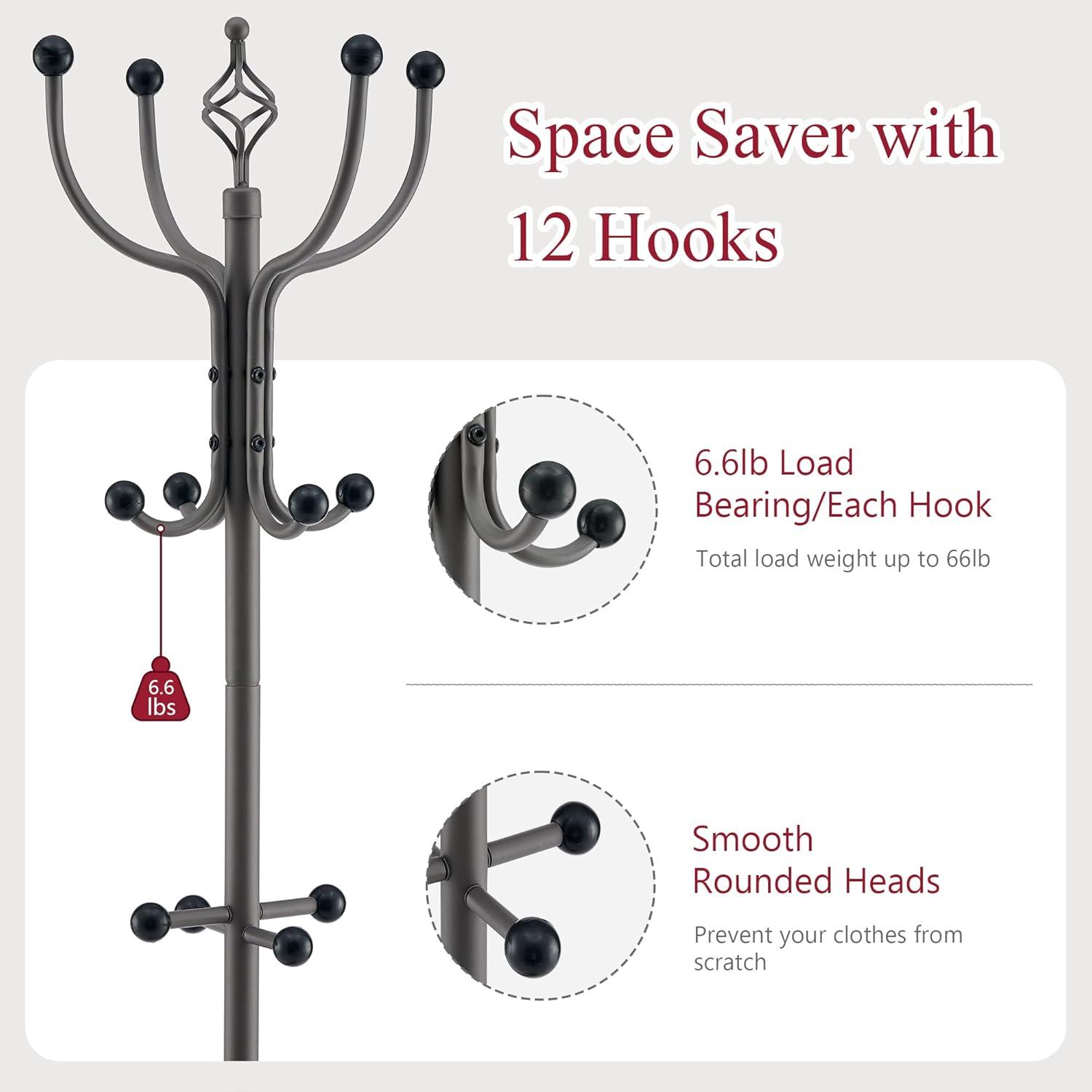 Tajsoon Coat Rack Stand with Umbrella Holder, Freestanding Coat Hanger Stand with Umbrella Stand, Entryway Coat Rack with 12 Hooks to Hold Clothes, Coat Tree for Living Room Bedroom Office, Grey