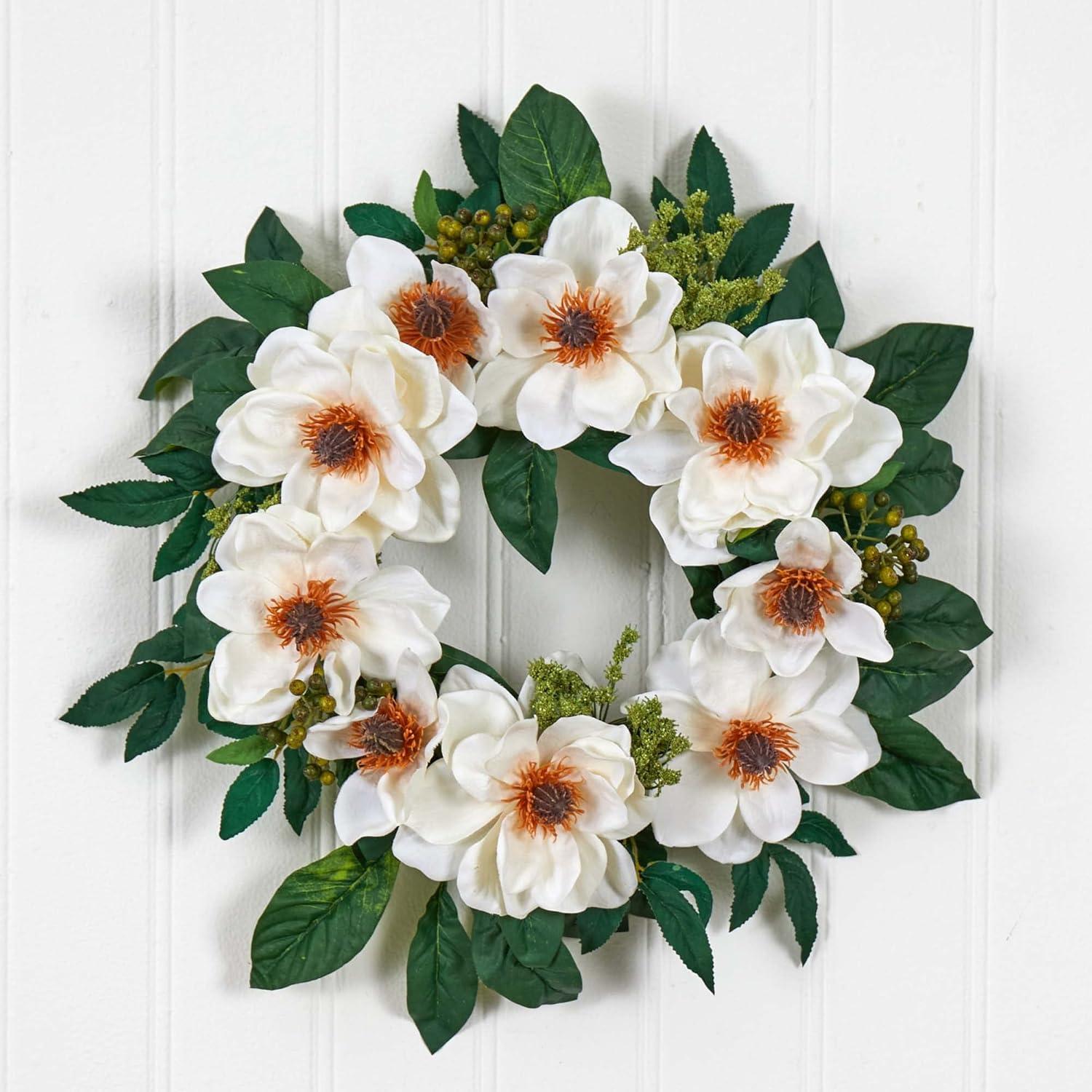 Nearly Natural 22-in Magnolia Wreath