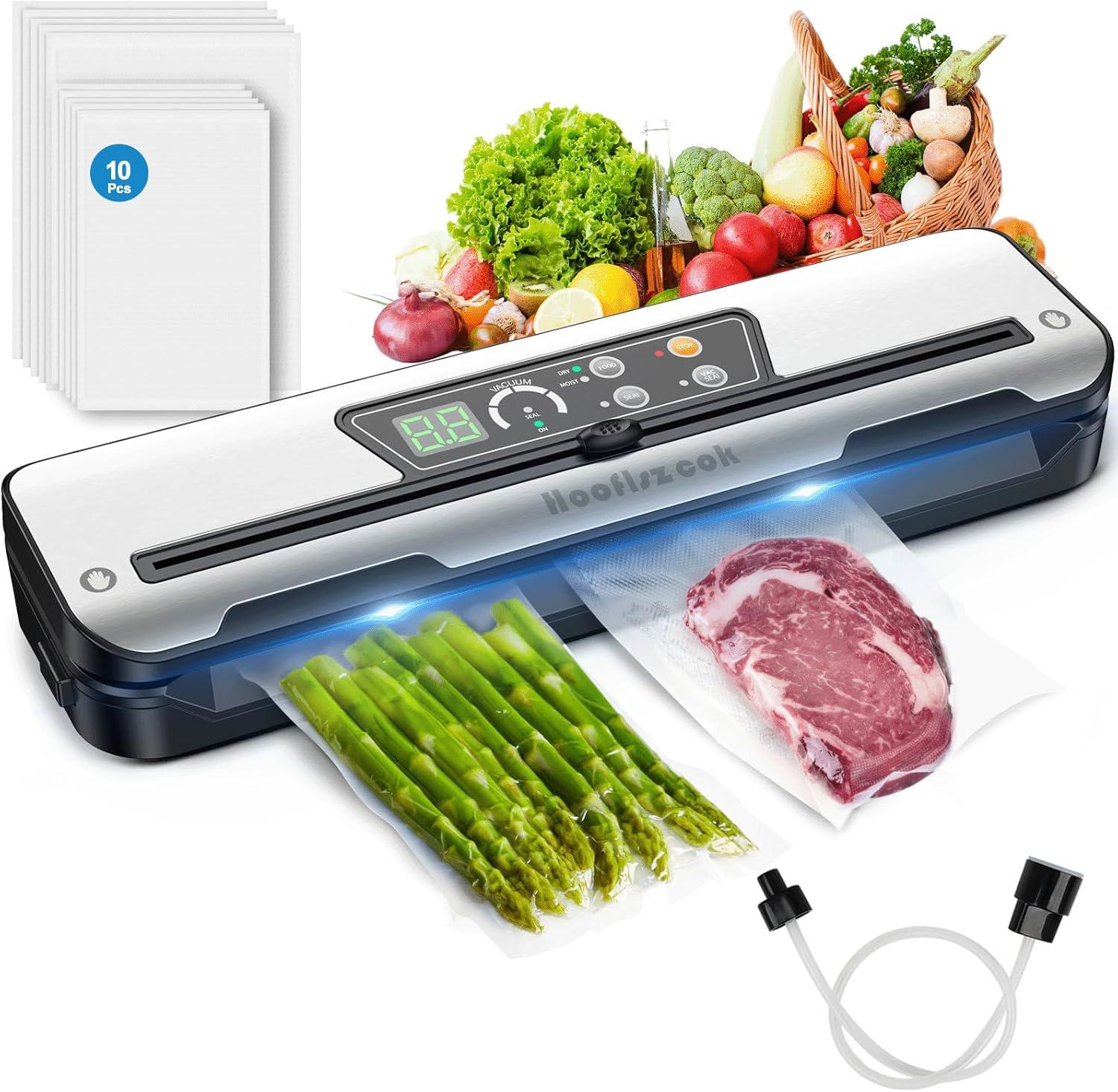 Vacuum Sealer Machine for Food, Automatic 8-In-1 Food Sealer Vacuum Sealing Saver for Liquid/Dry/Moist, Manual/External Super Strong Suction,Pulse Function,Countdown Display,Starter Kit