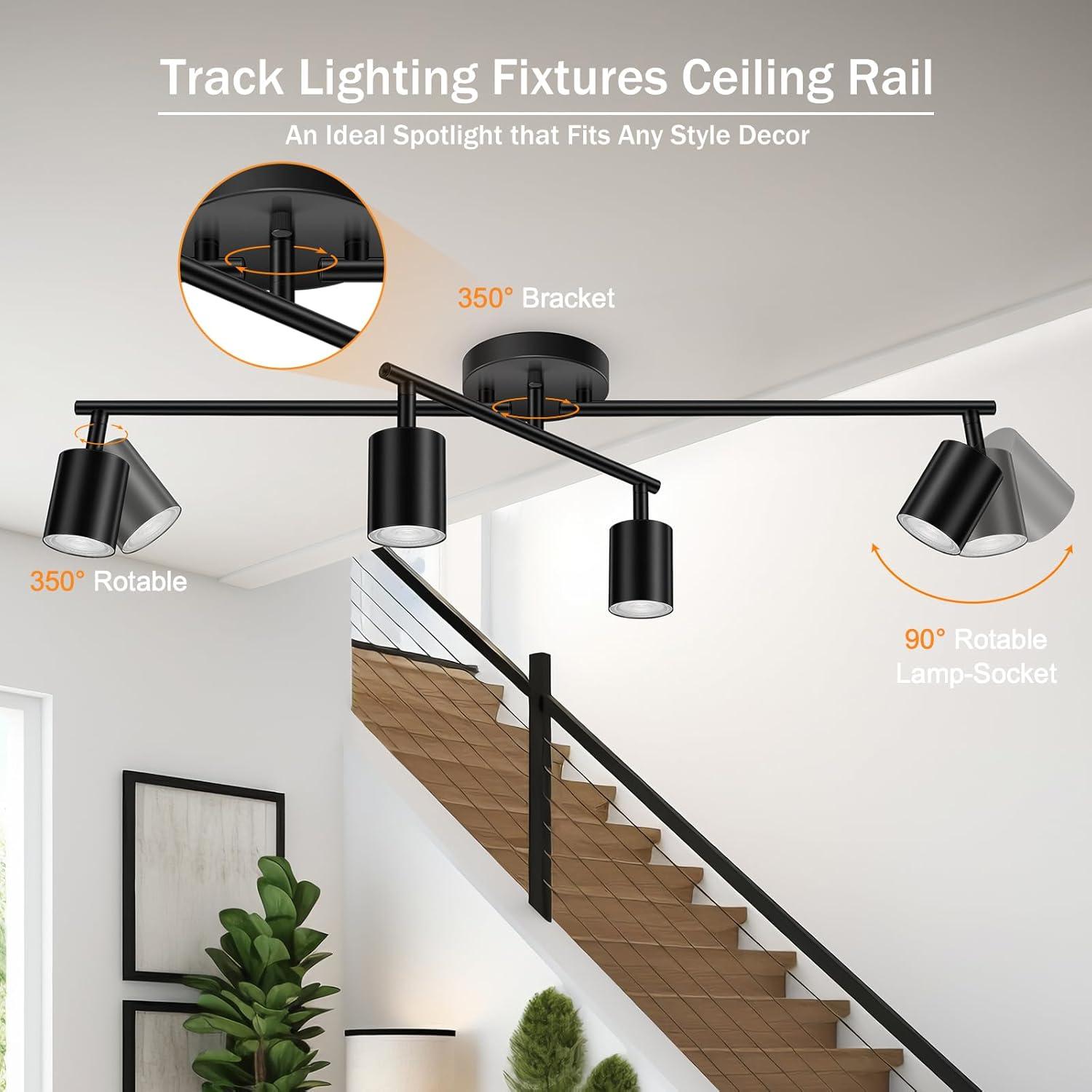 Track Lighting Fixtures, 4 Lights Ceiling Spotlight with Flexible Track Heads, Directional Lighting with GU10 Base for Kitchen, Hallway, Bedroom, Dining Room, Office (1 PC)