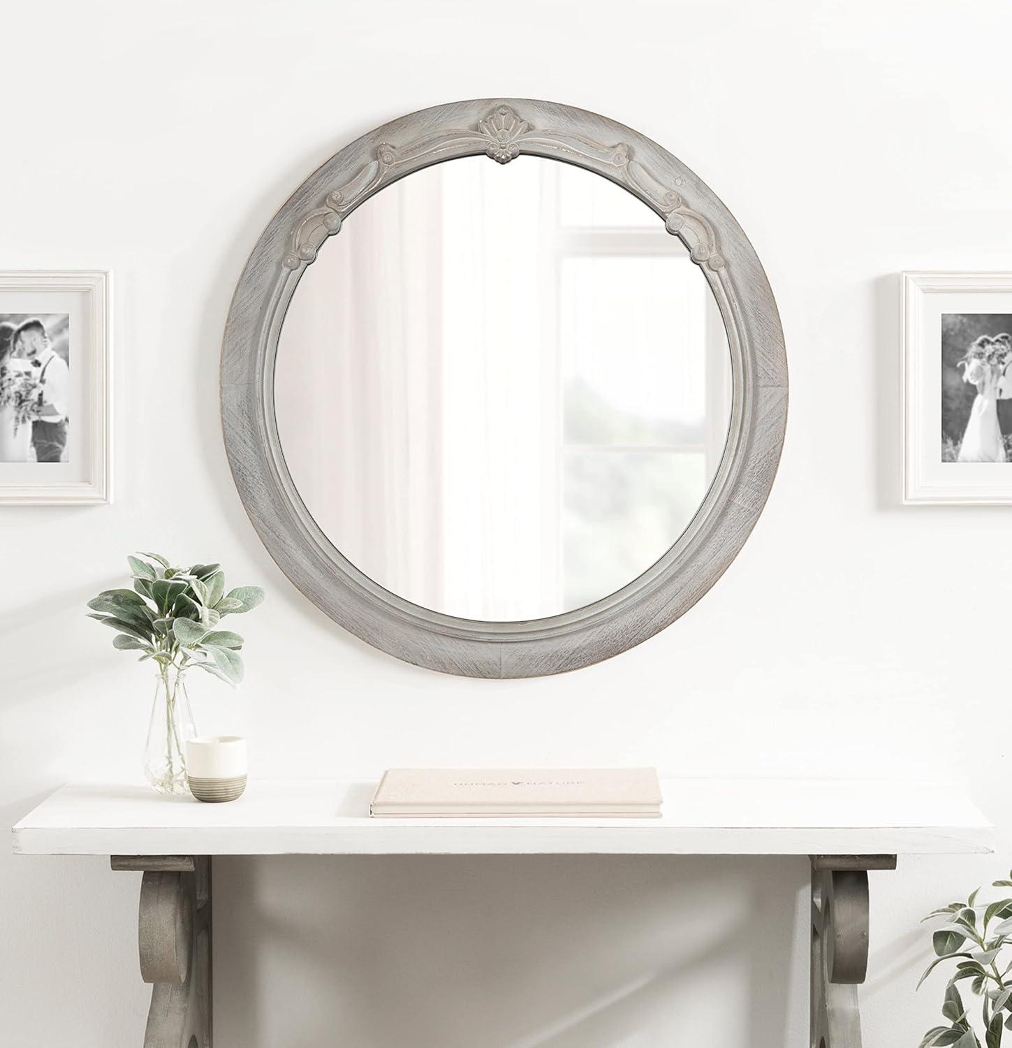 Kate and Laurel Irelyn Coastal Wall Mirror, 26 Inch Diameter, Gray, Farmhouse Inspired Dimensional Wall Decor Accent Piece With Round Frame and Ornate Crown Detailing