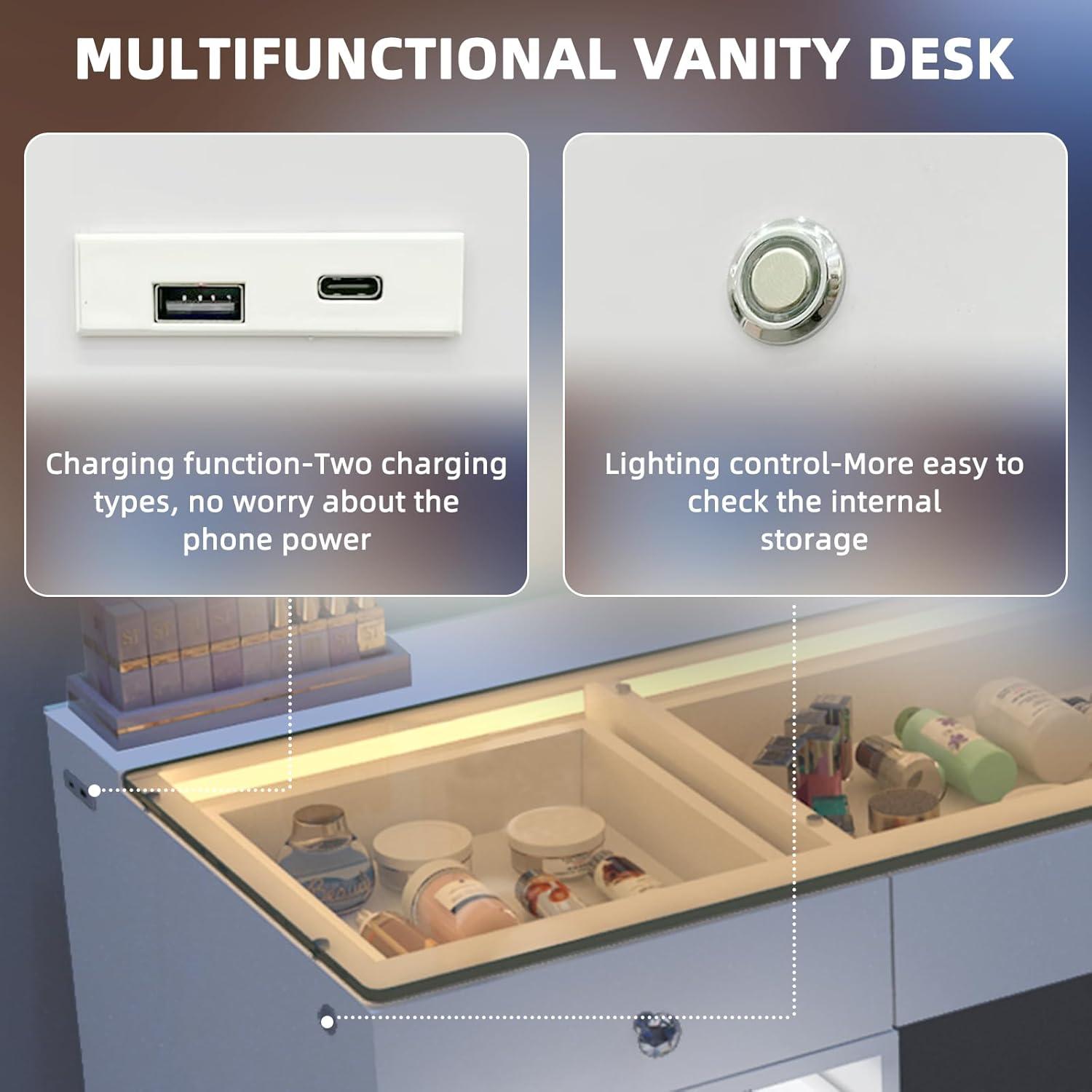 White 60" Vanity Desk with 13 Drawers and LED Lighting