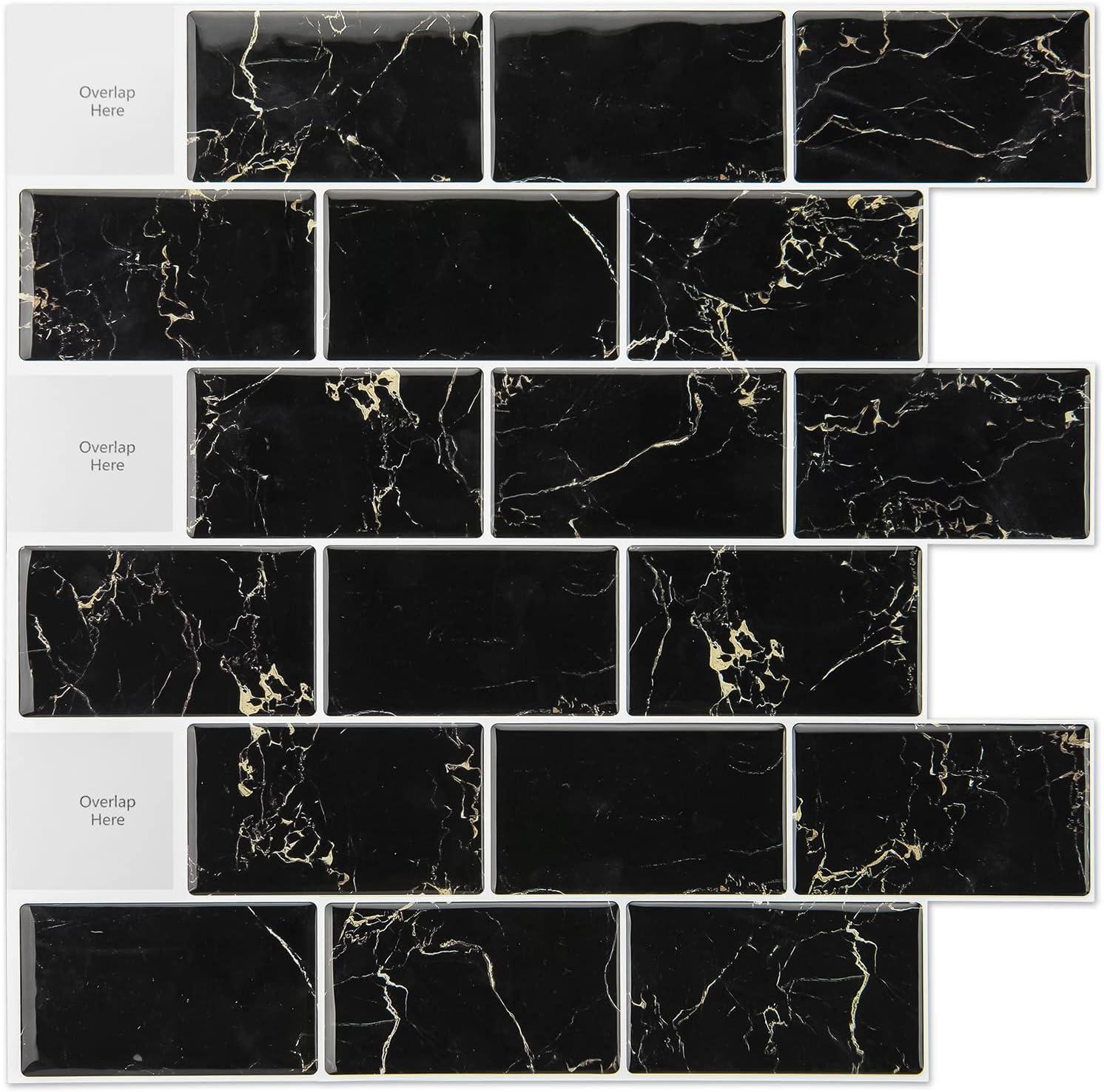 Black Marble Peel and Stick Rectangular Backsplash Tiles