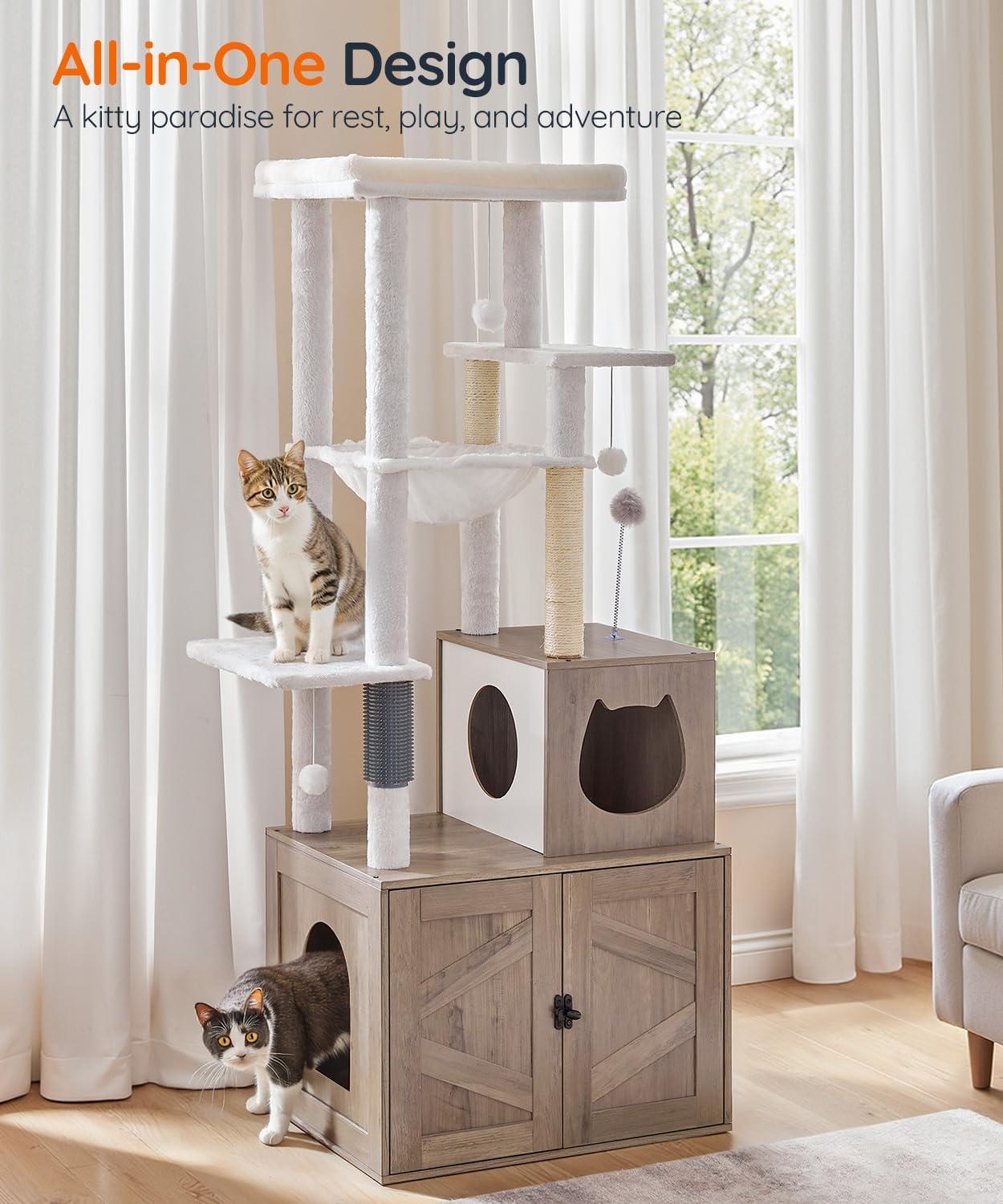 Litter Box Enclosure with Cat Tree, 2-in-1 Cat Tree Tower, Hidden Cat Litter Box Furniture with Scratching Post, Modern Cat Condo, Grey