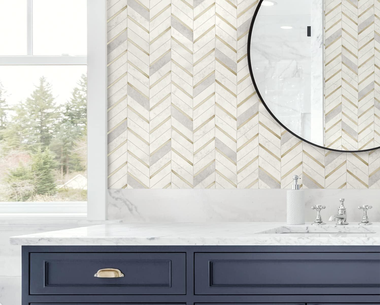 NextWall Faux Chevron Marble Tile Peel and Stick Wallpaper: Self-Adhesive, Repositionable, Washable, Gold, 30.75 Sq Ft Coverage