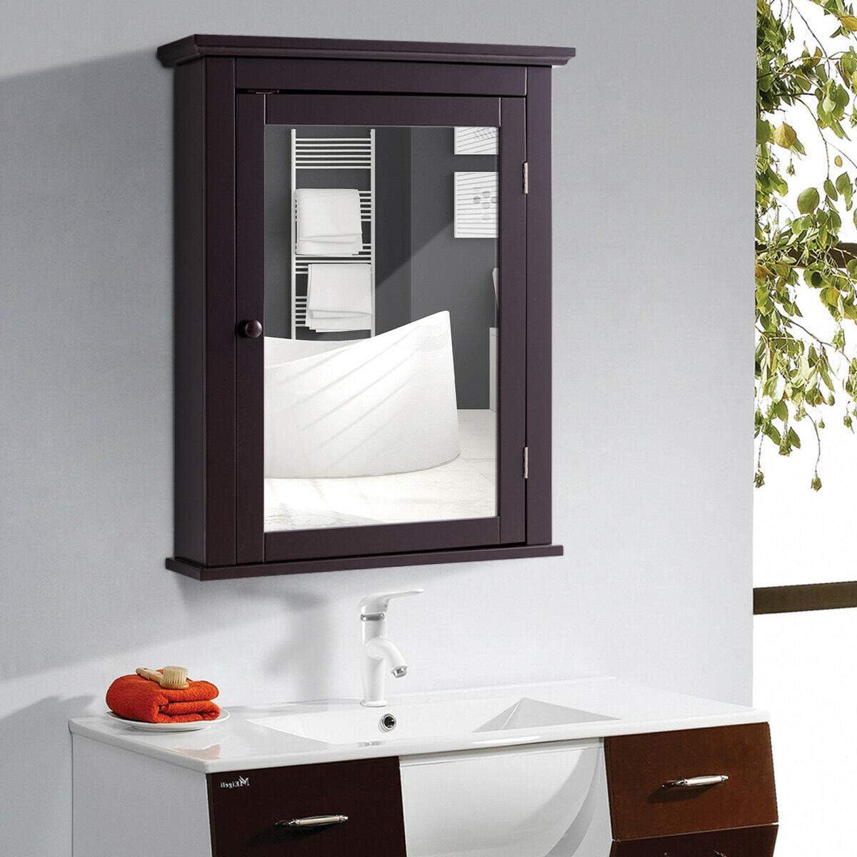 Brown MDF Wall Mounted Bathroom Medicine Cabinet with Mirror