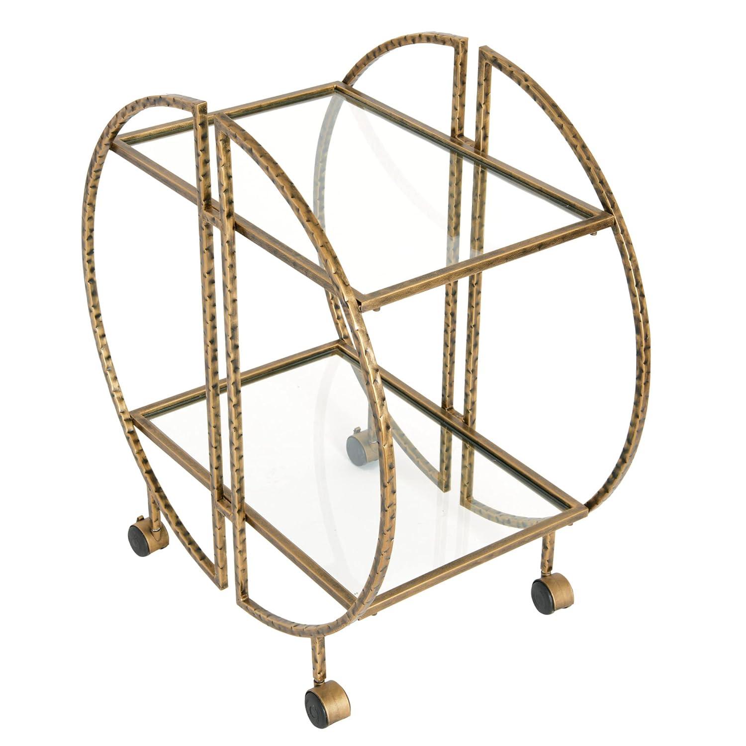 Ember Interiors Modern Round Hammered Brass Bar Cart with Wheels