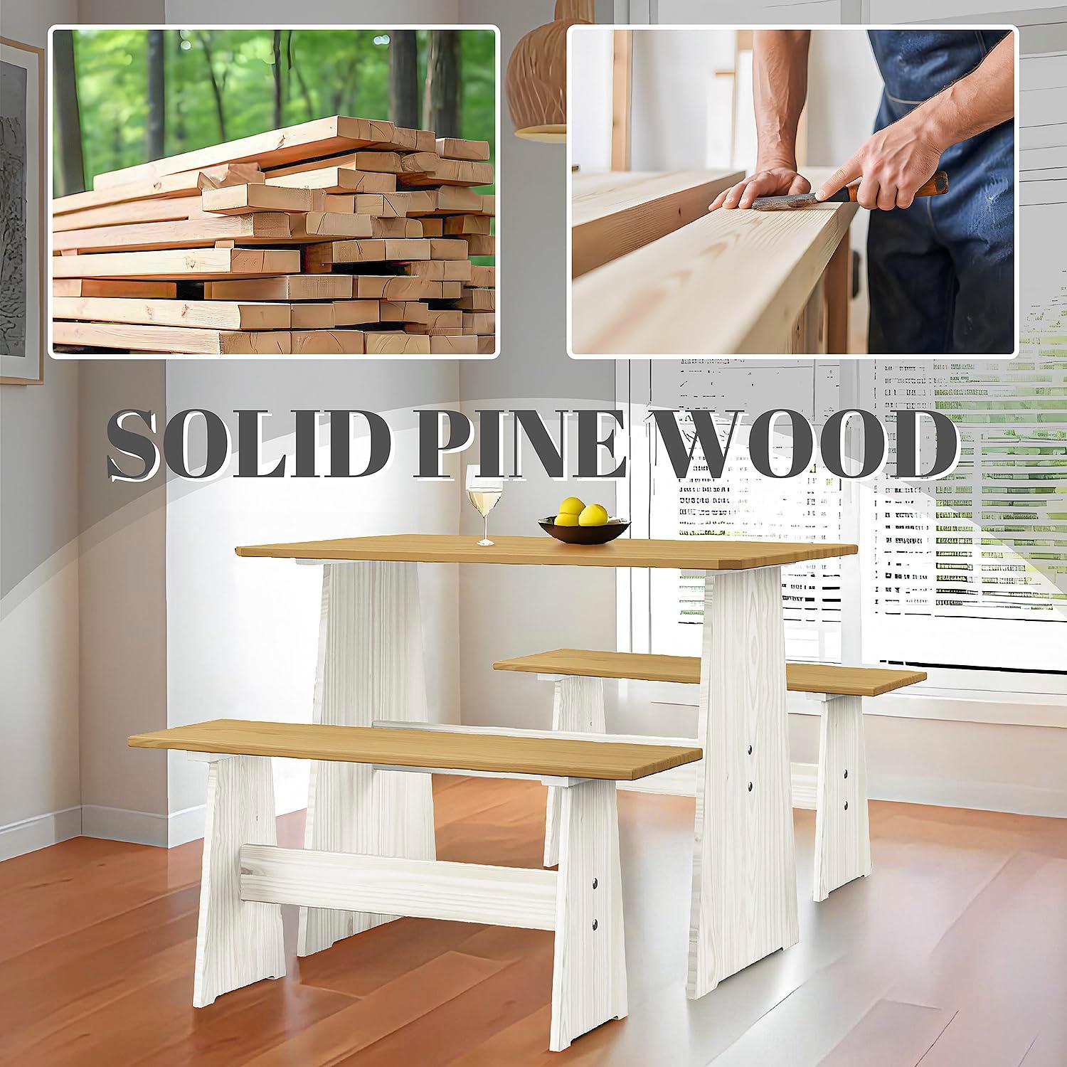 Urban Home Furniture Chapman 3 Piece Casual Dining 2-Tone Natural/White Solid Pine Wood Kitchen Table Set with 2 Benches, Kitchen Dining Set