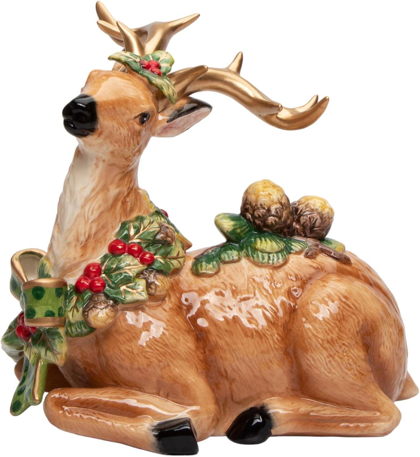 Holiday Ceramic Reindeer Figurine with Pine Cone Accents