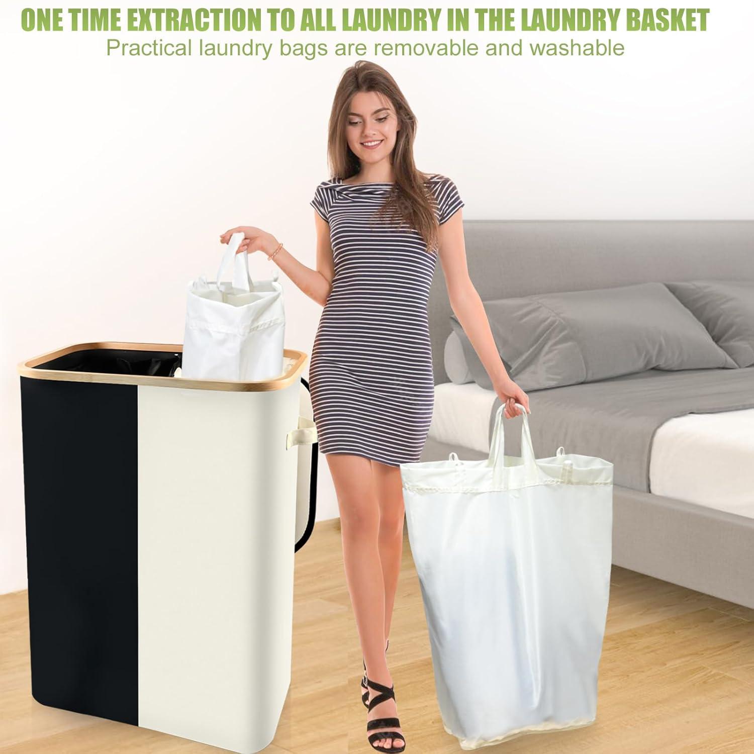 Efluky Laundry Basket with Lid and Removable Bag, 100L Tall Laundry Hamper with Bamboo Handles, Aesthetic Dirty Clothes Bin for Laundry Room, Bathroom, Bedroom and Dorm,Grey