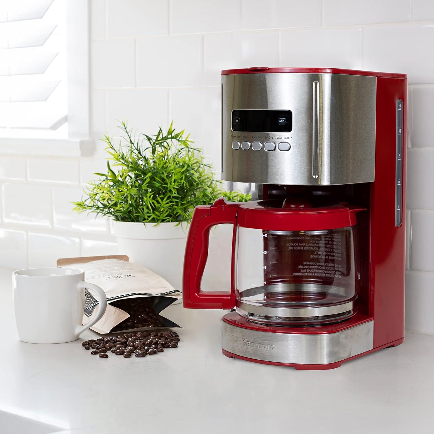 Kenmore Drip Coffee Maker - 12 Cup Programmable Cafe Machine With Glass Pot, Red
