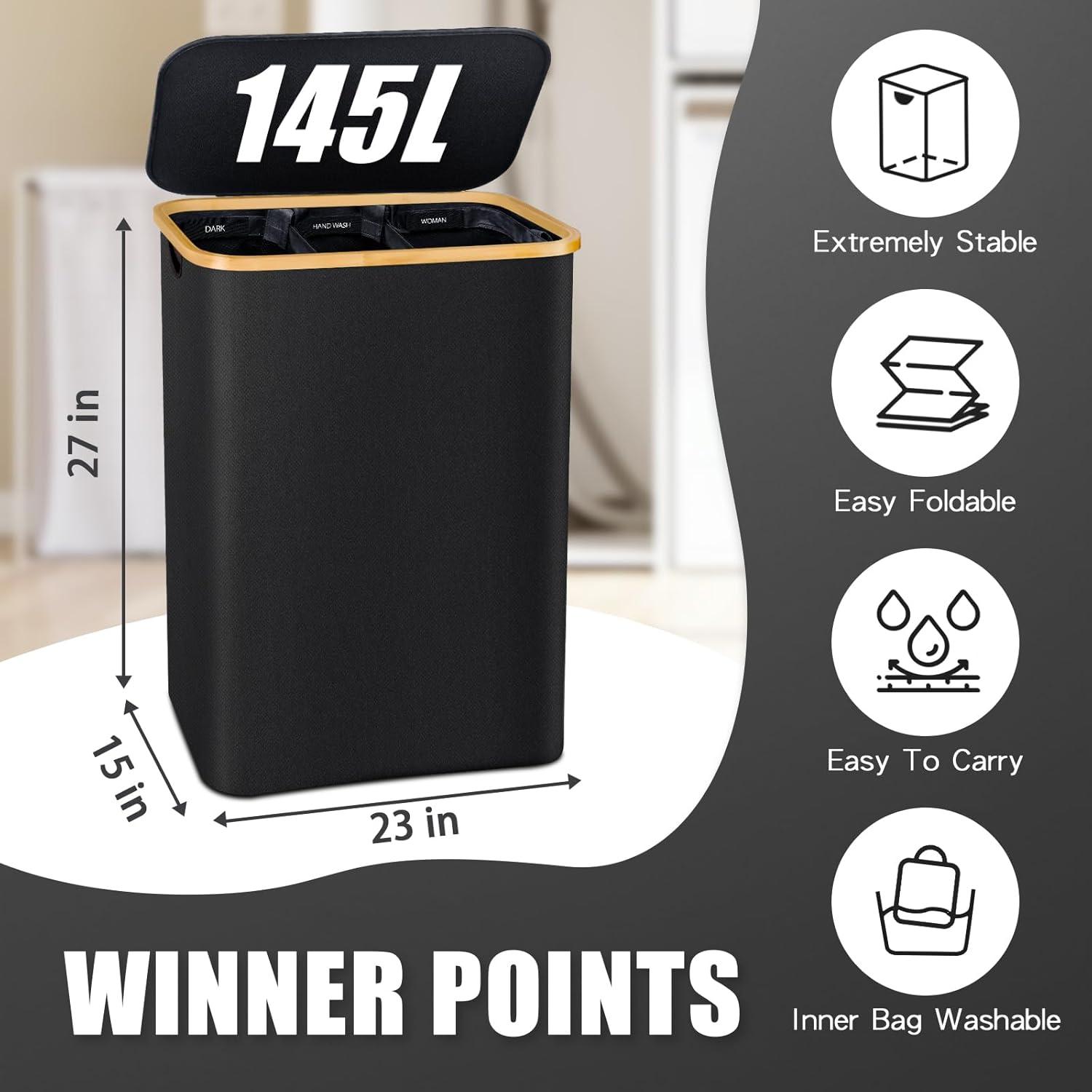 Black 145L Collapsible Laundry Hamper with Lid and Dividers