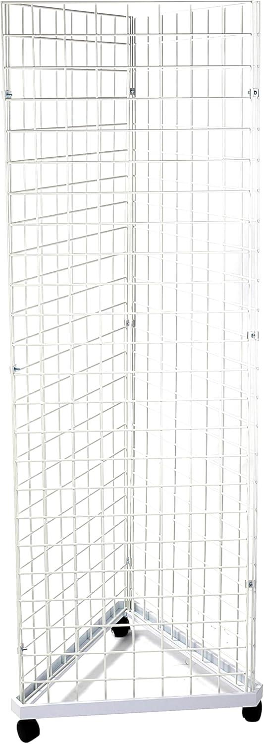 White Triangle Wire Grid Tower with Base and Casters - Grid Wall Retail Display Stand - Moveable and Space-Saving Wire Display Rack for Vendors - Ideal for Boutique  Thrift  Craft and Art Shows