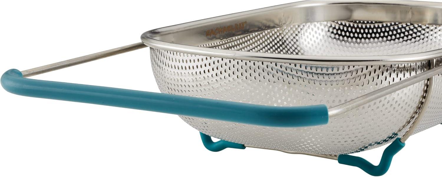 Rachael Ray Tools and Gadgets Over-the-Sink Stainless Steel Colander, 4.5 Quart, Agave Blue Handles