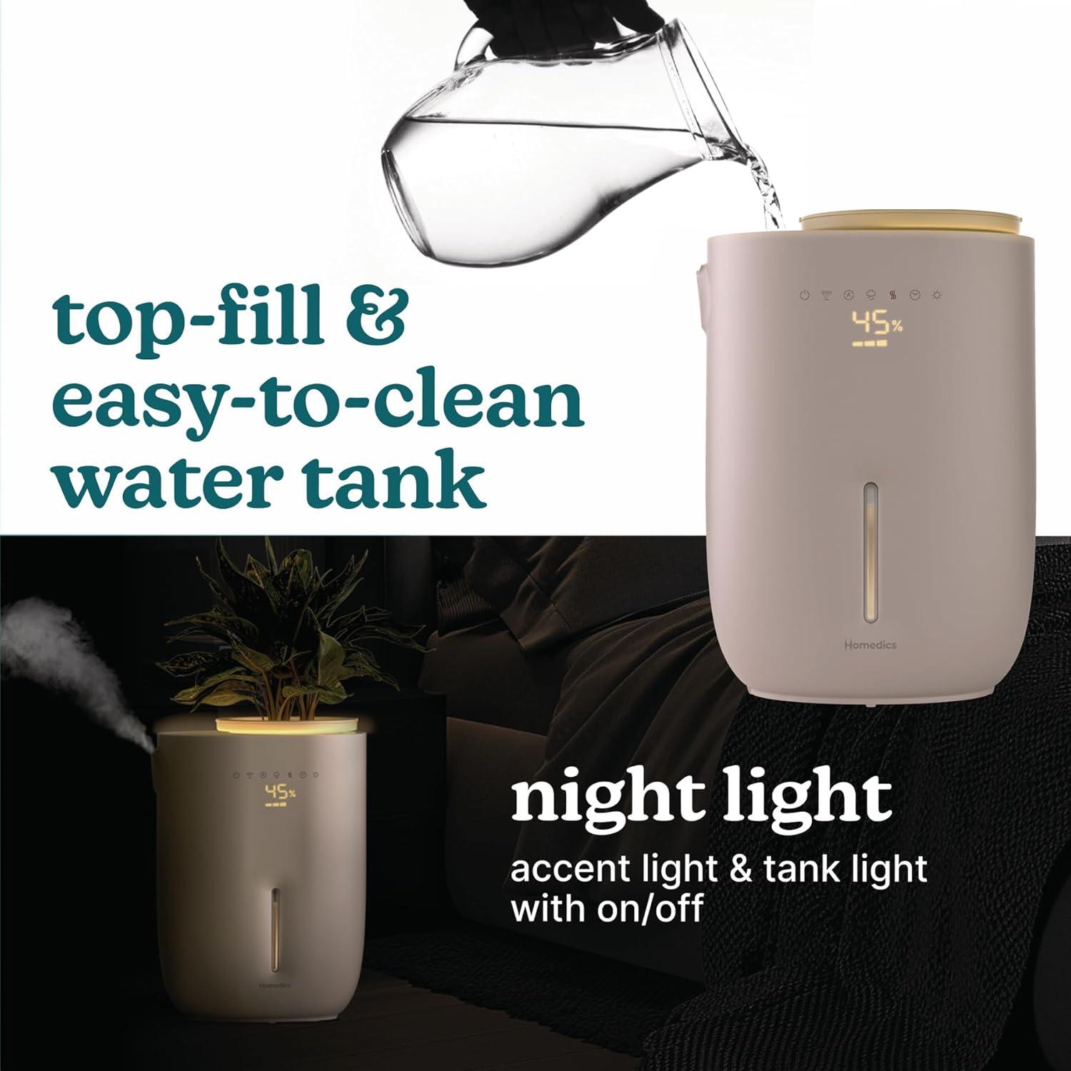 HoMedics Top-Fill Easy to Clean Warm/Cool Mist Ultrasonic Humidifier with Small Planter and Aromatherapy: 1.3 Gal, 60 Hr Run, No Filter