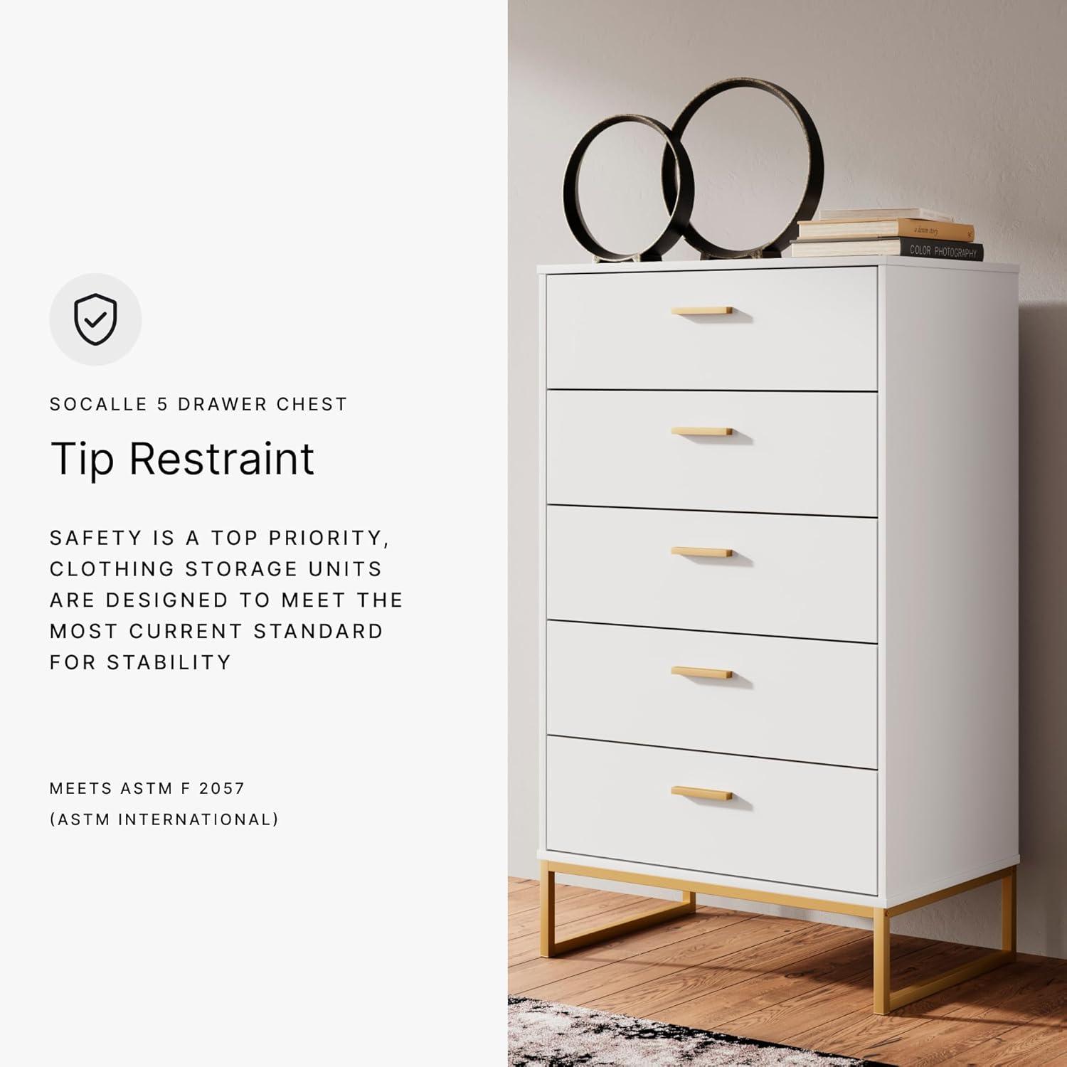 Signature Design by Ashley Socalle 5 Drawer Tall Dresser, White/Gold