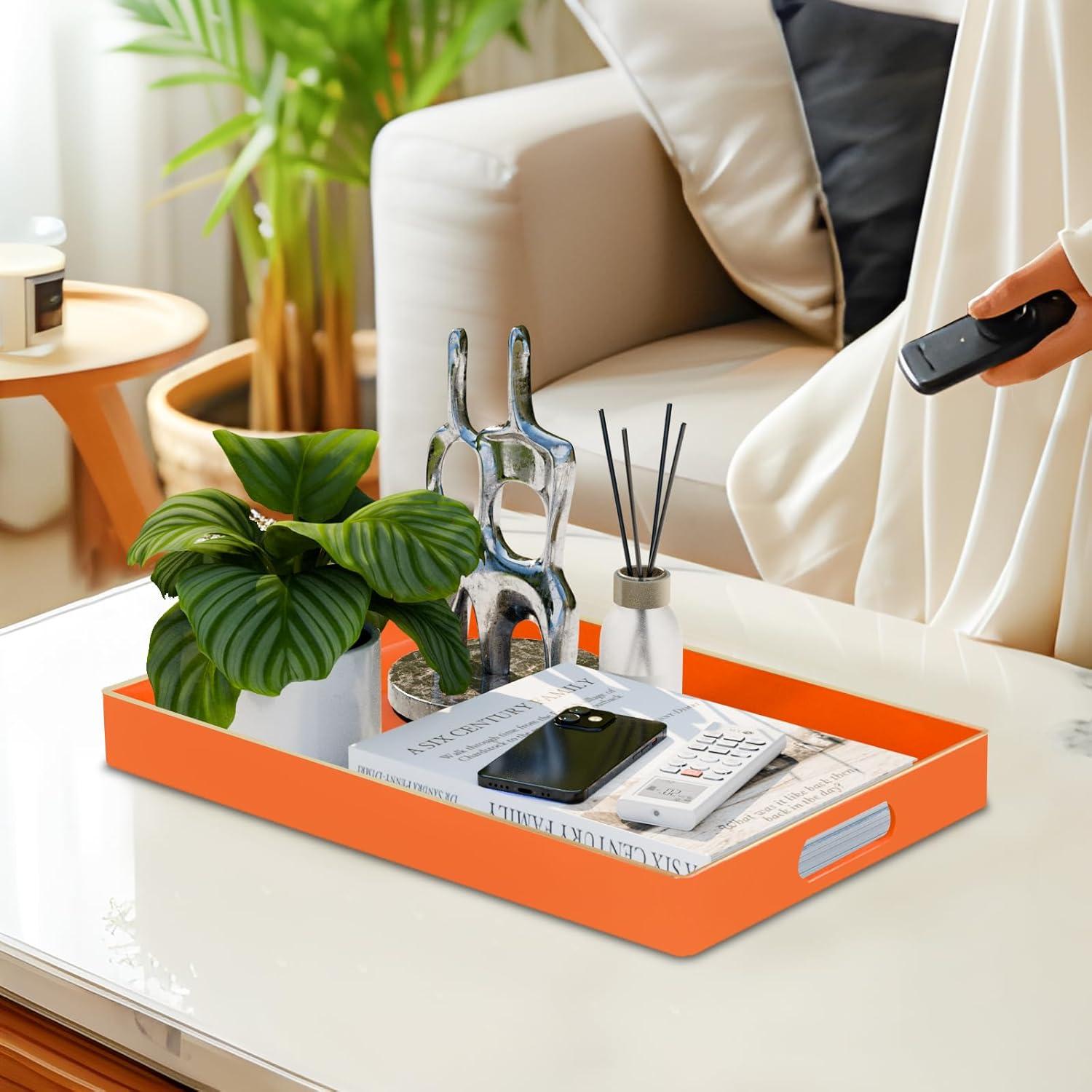 Bright Orange Acrylic Rectangular Serving Tray with Handles