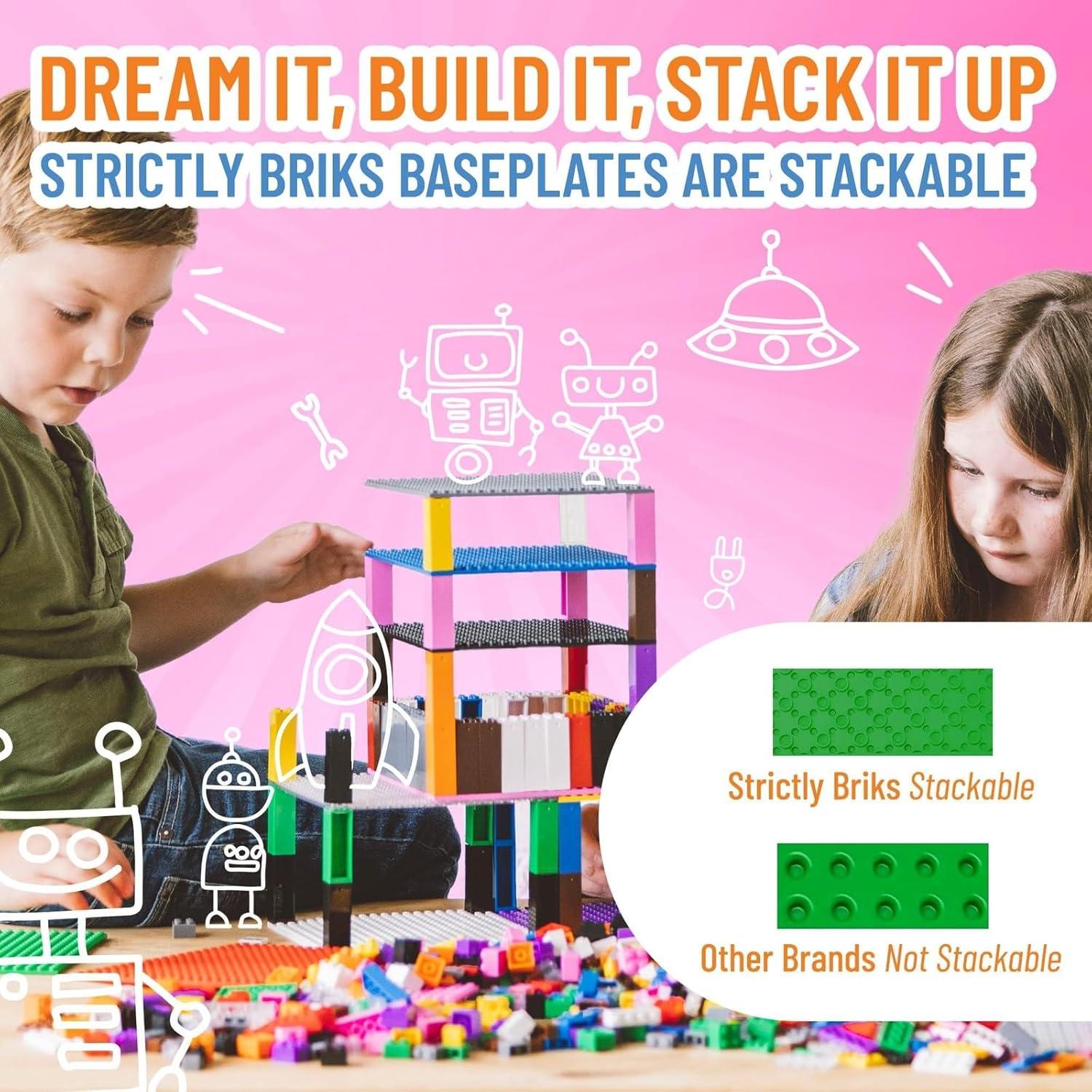Strictly Briks Toy Building Block - Classic Baseplates 10" x 10" Brik Tower, 6 Baseplates & 50 Stackers in Blue Green & Gray, 56 Pc