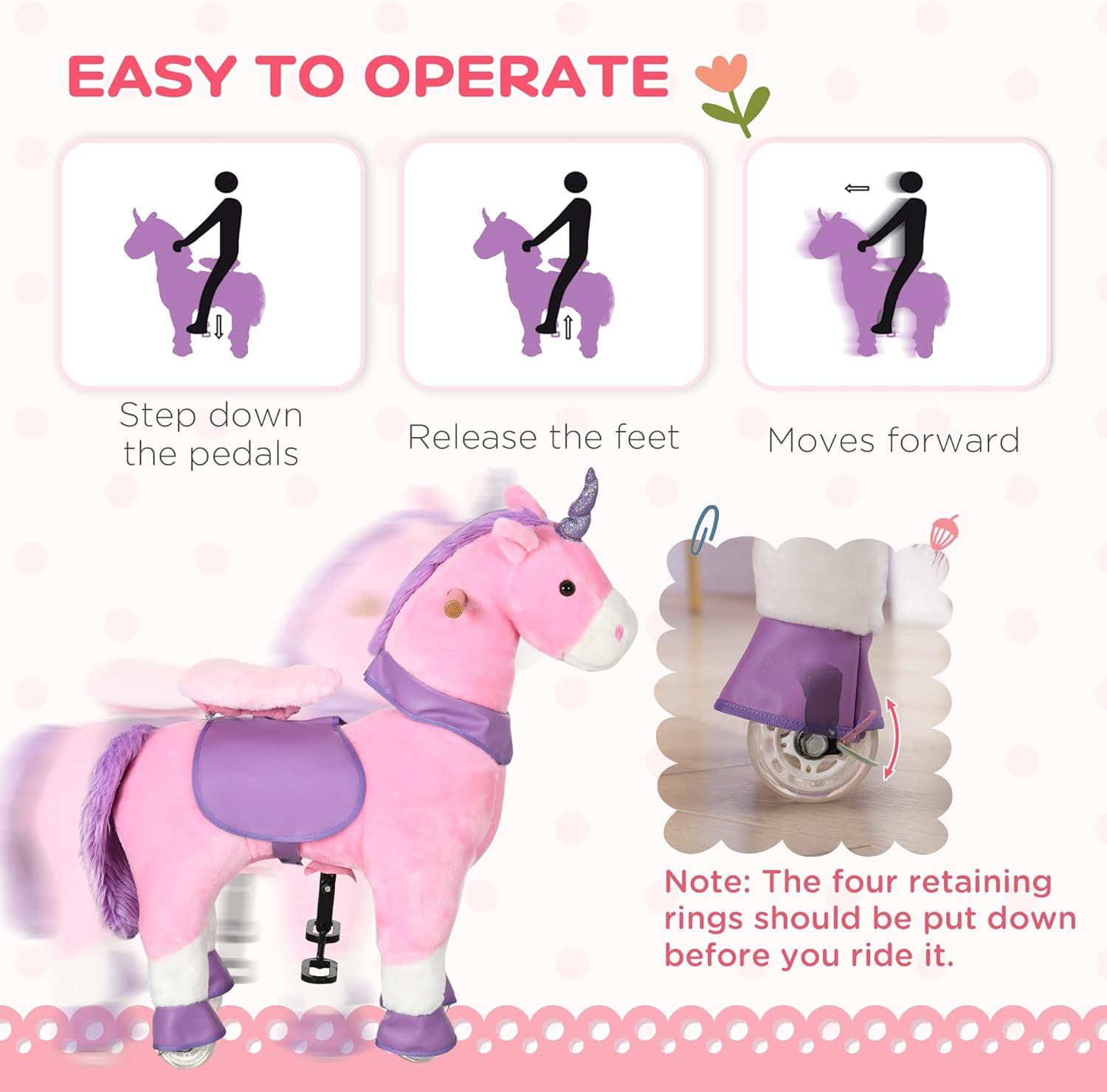 Qaba Ride On Real Walking Unicorn with Sparkly Horn, Soft Plush Ride On Rocking Horse Bearing 176lbs, Imaginative Interactive Toy for Kids, Unicorn Gifts