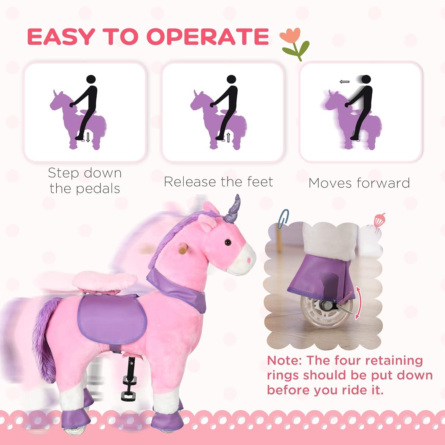 Qaba Ride On Real Walking Unicorn with Sparkly Horn, Soft Plush Ride On Rocking Horse Bearing 176lbs, Imaginative Interactive Toy for Kids, Unicorn Gifts