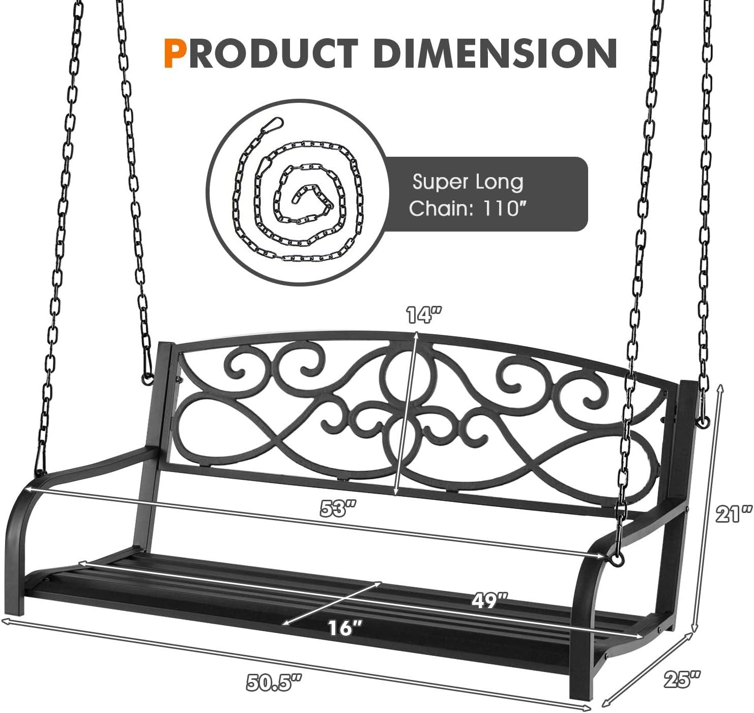 Black Metal 2-Person Hanging Porch Swing with Chains and Armrests