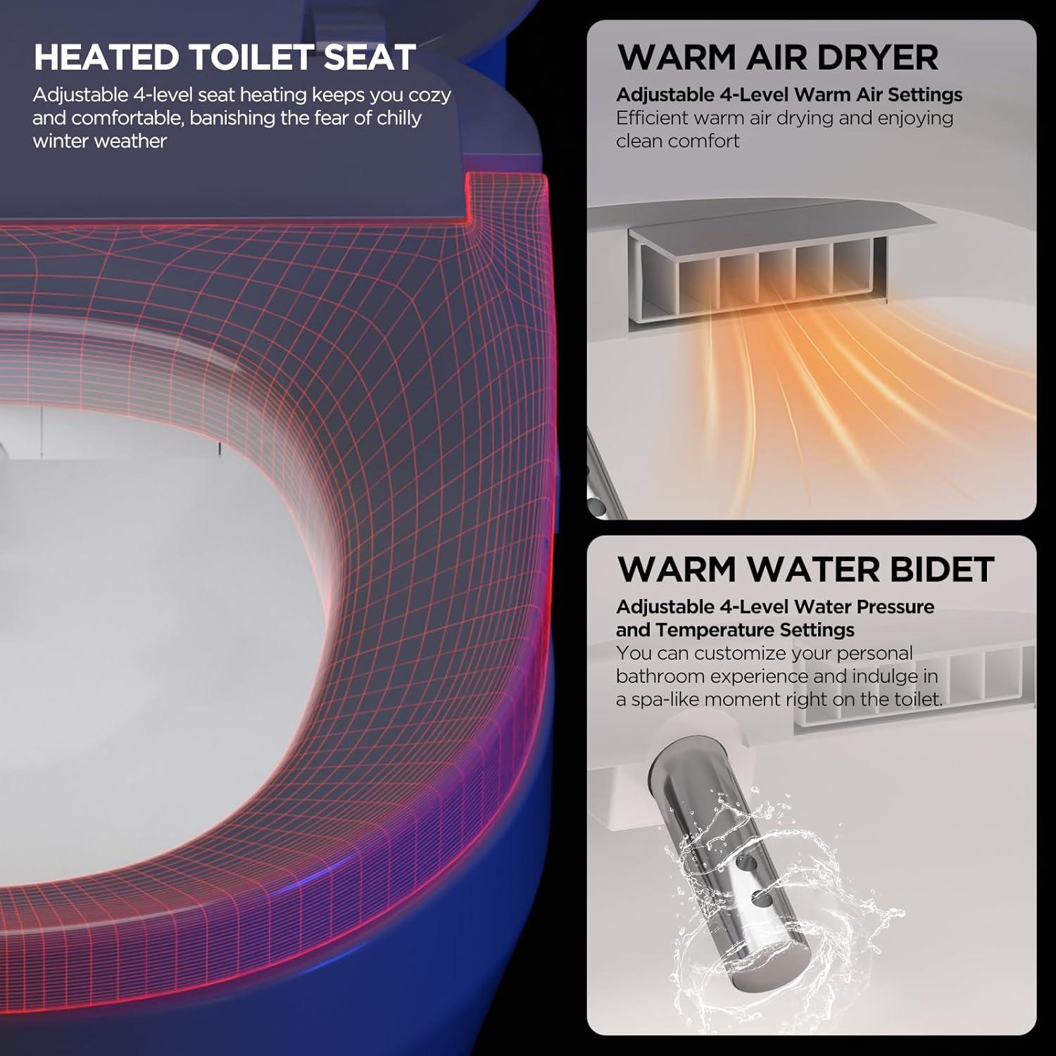 Bidet Toilet Seat - Heated & Elongated Design with Warm Water Wash, Wireless Remote, and Self-Cleaning Nozzle | Includes Soft-Closing Lid, LED Nightlight & Air Dryer