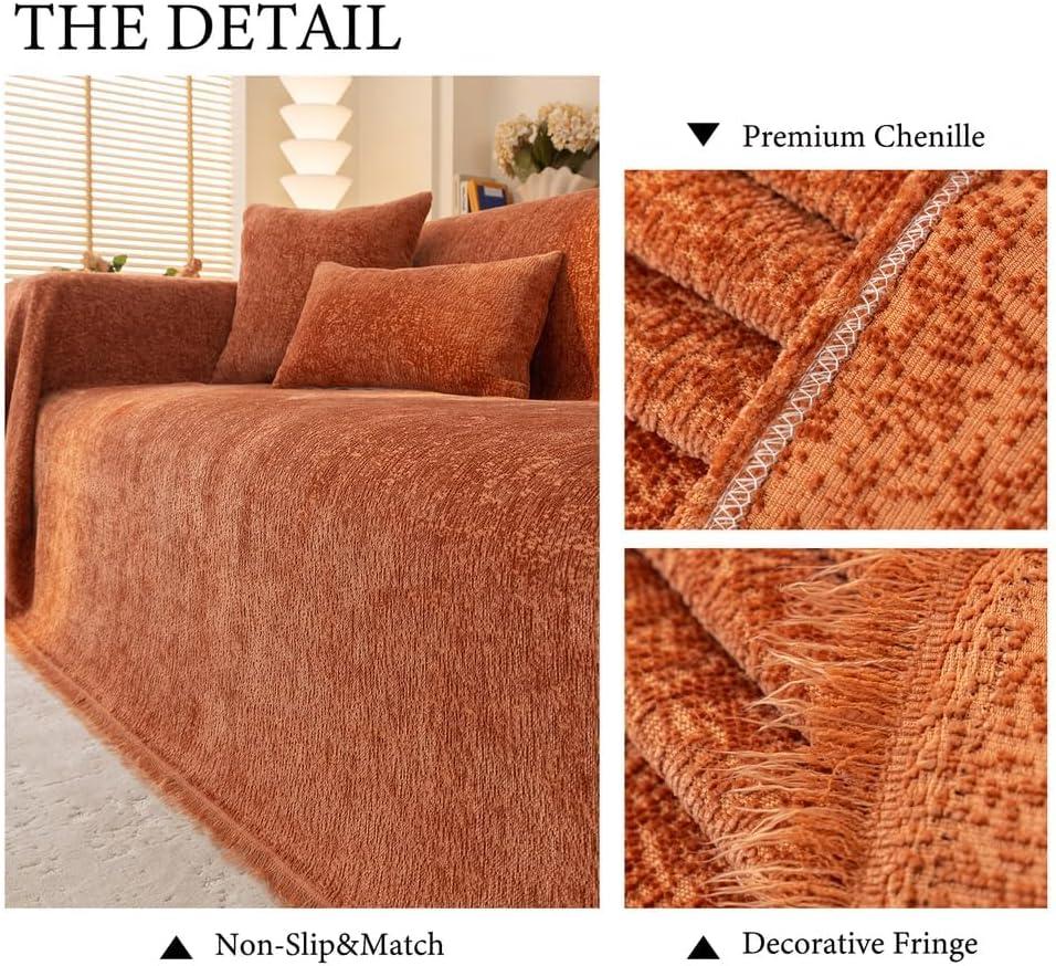 AMWAN Nordic Style Slub Chenille Sofa Cover Burnt Orange Couch Cover Slipcover for 3 Cushion Couch Sectional L Shaped Dogs Pets Sofa Protector 71"x134"