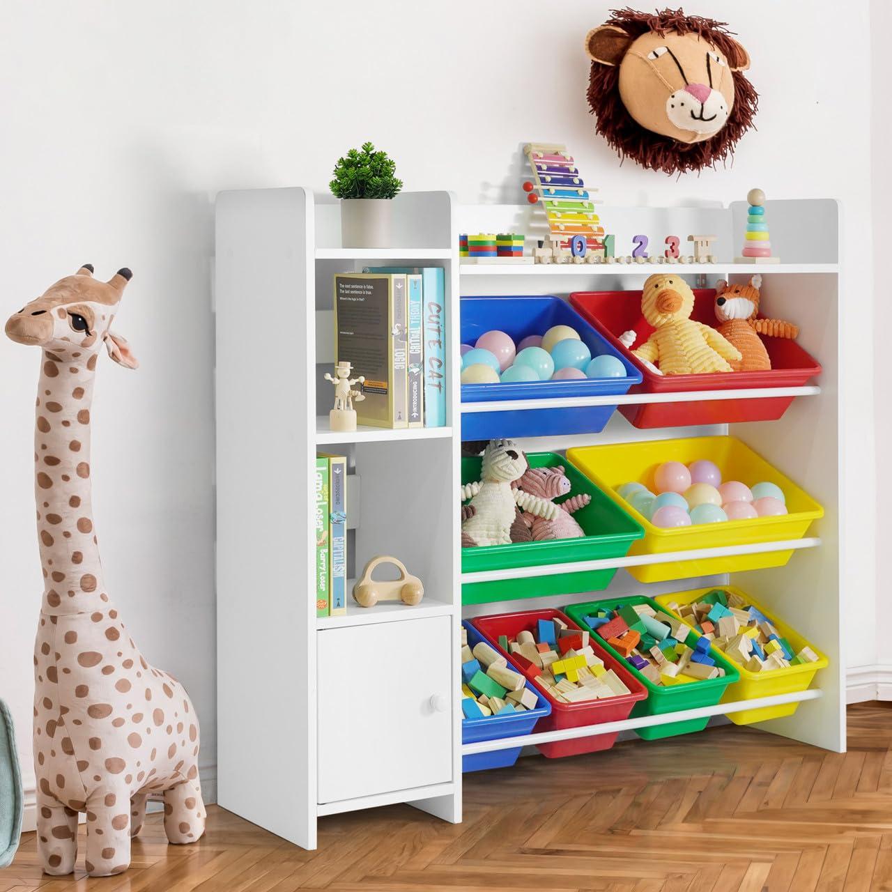 Sturdis Toy Storage Organizer with Bookshelf, Kids Playroom Organization Shelving Unit with Removable Colorful Storage Bins & Anti-Tip Bracket, White