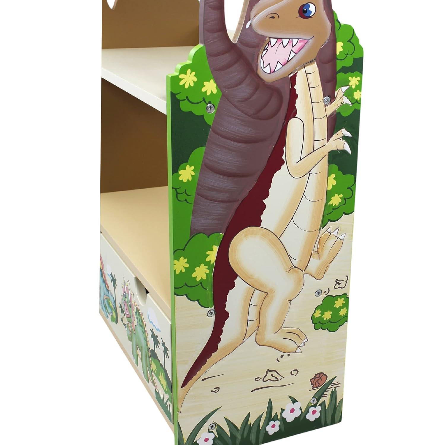 Teamson Kids Dinosaur Kingdom Kids Wooden 3-Tier Bookshelf with Drawer