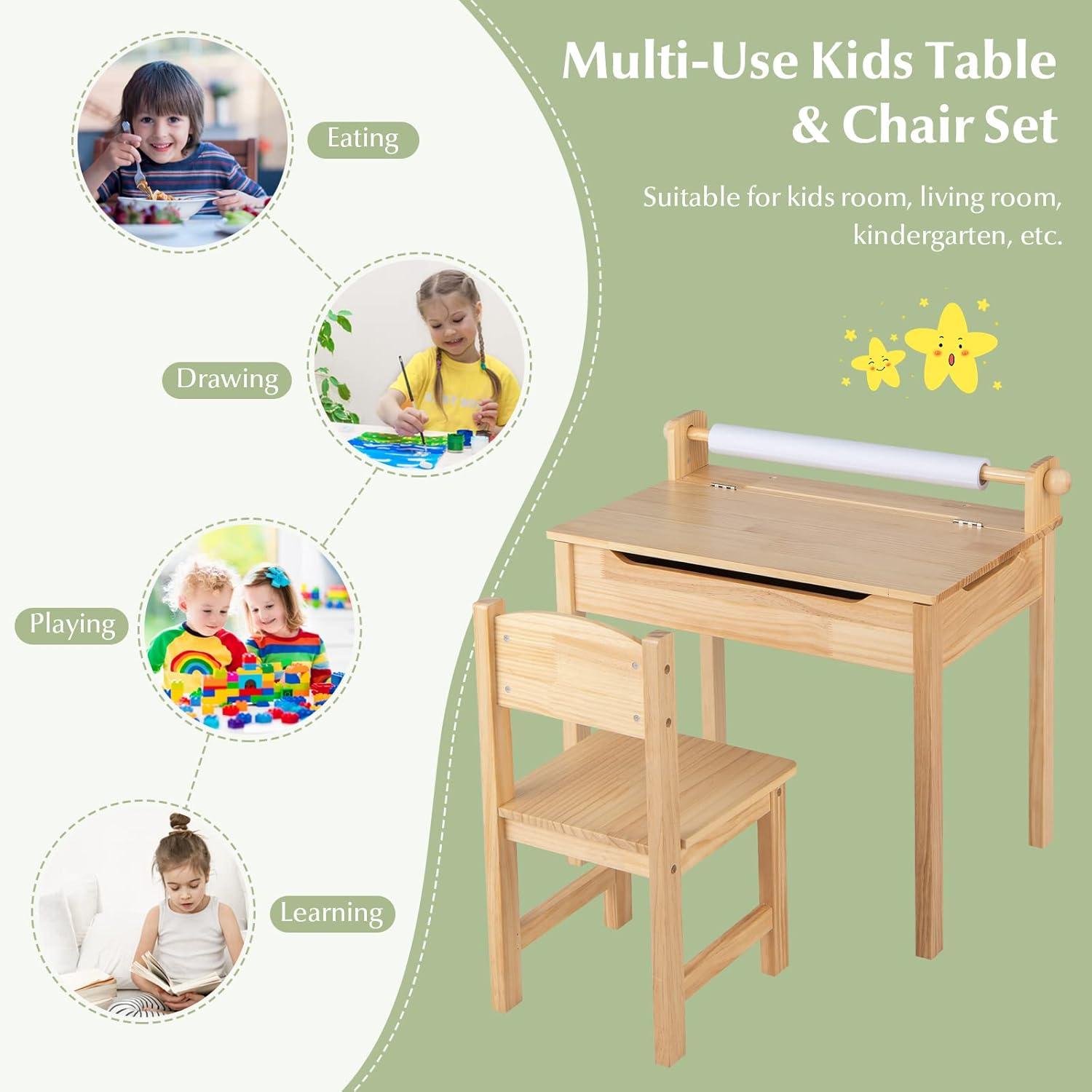 Resenkos Toddler Multifunctional Activity Table and Chair Set with Paper Roll Holder-Natural, Small Folding Table for Arts & Crafts, Snack Time, Homeschooling, Homework