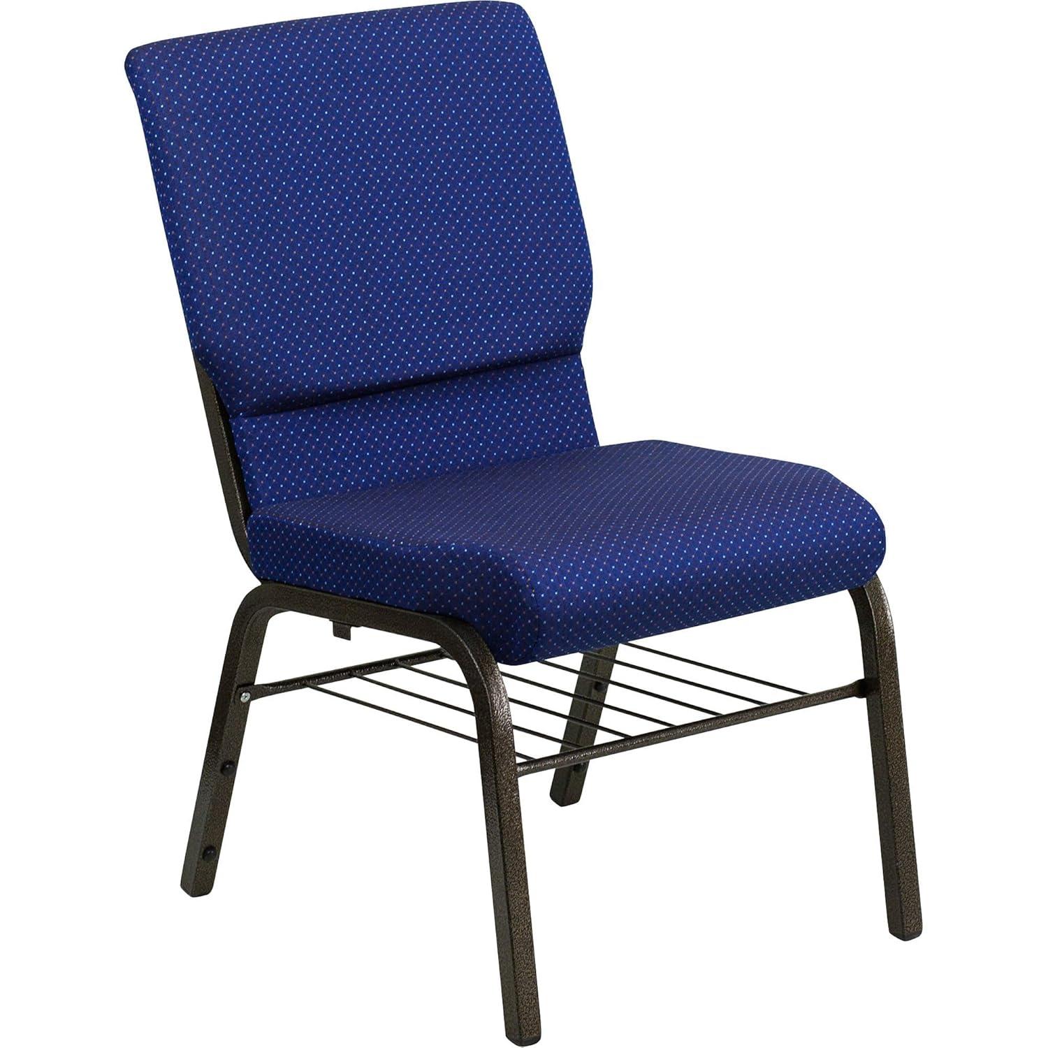 BizChair 18.5''W Church Chair in Navy Blue Patterned Fabric with Book Rack - Gold Vein Frame