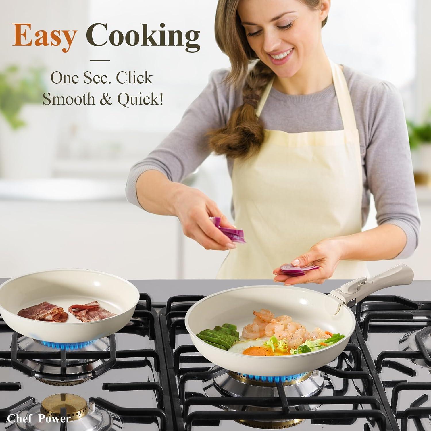 Chef Power Chef Power 19pcs Cream Cake Ceramic Nonstick Pots and Pans Set, Cookware Sets Detachable Handle