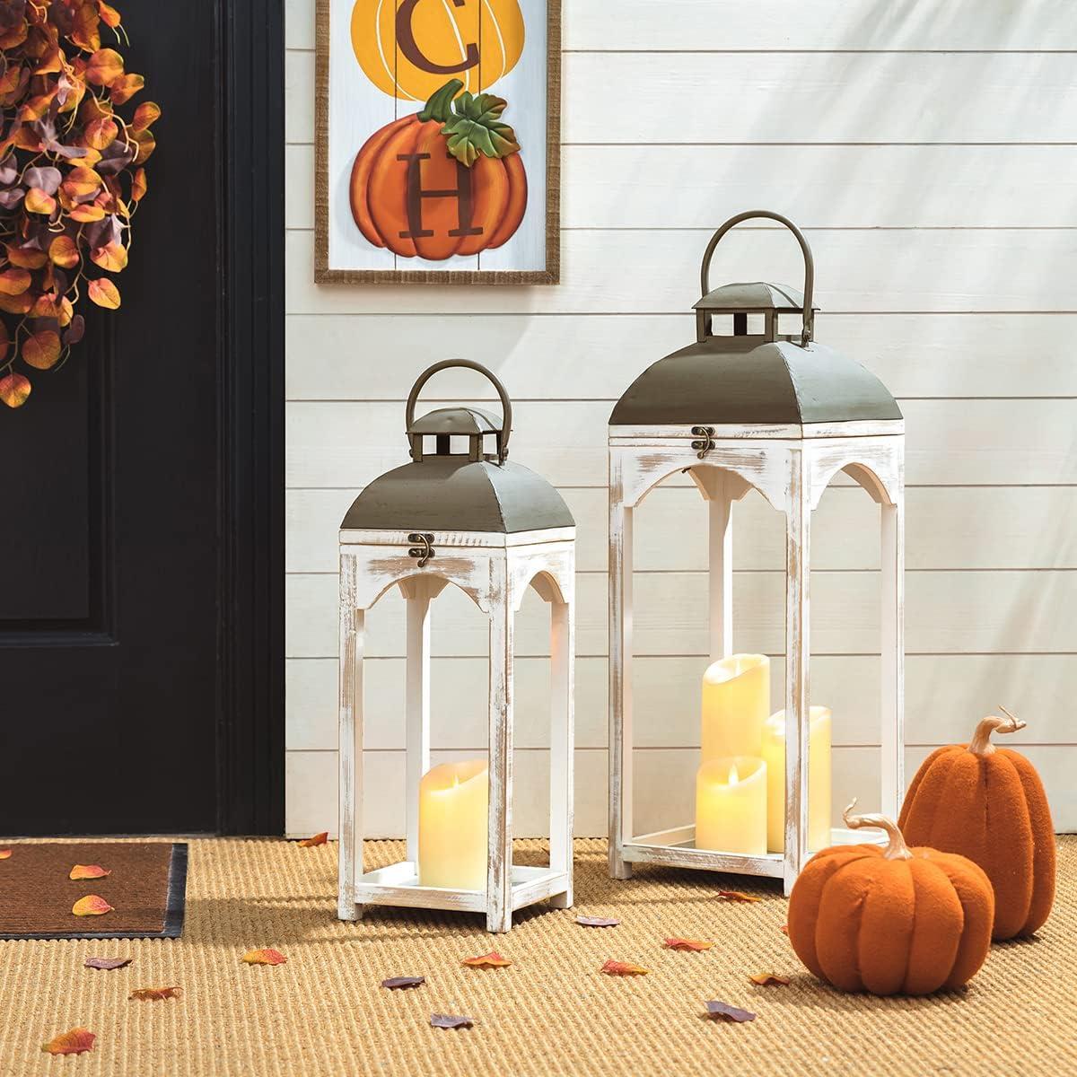 Farmhouse Wood Metal Lanterns Decorative Hanging Candle Lanterns White Set of 2 (No Glass)
