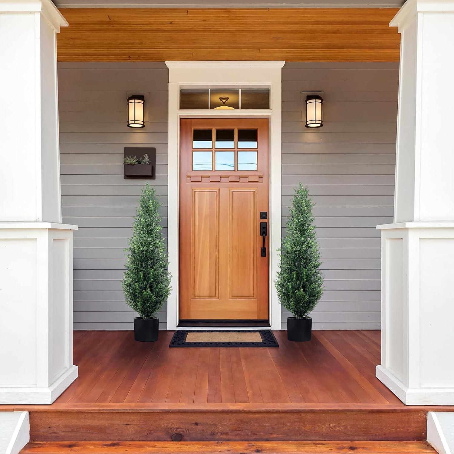 4FT 2-Pack Artificial Cedar Topiary Trees UV Resistant Potted Shrubs Fake Plants, Faux Pine Tree Plant for Home Office Garden Front Porch Patio Indoor Outdoor Party Wedding  Decor
