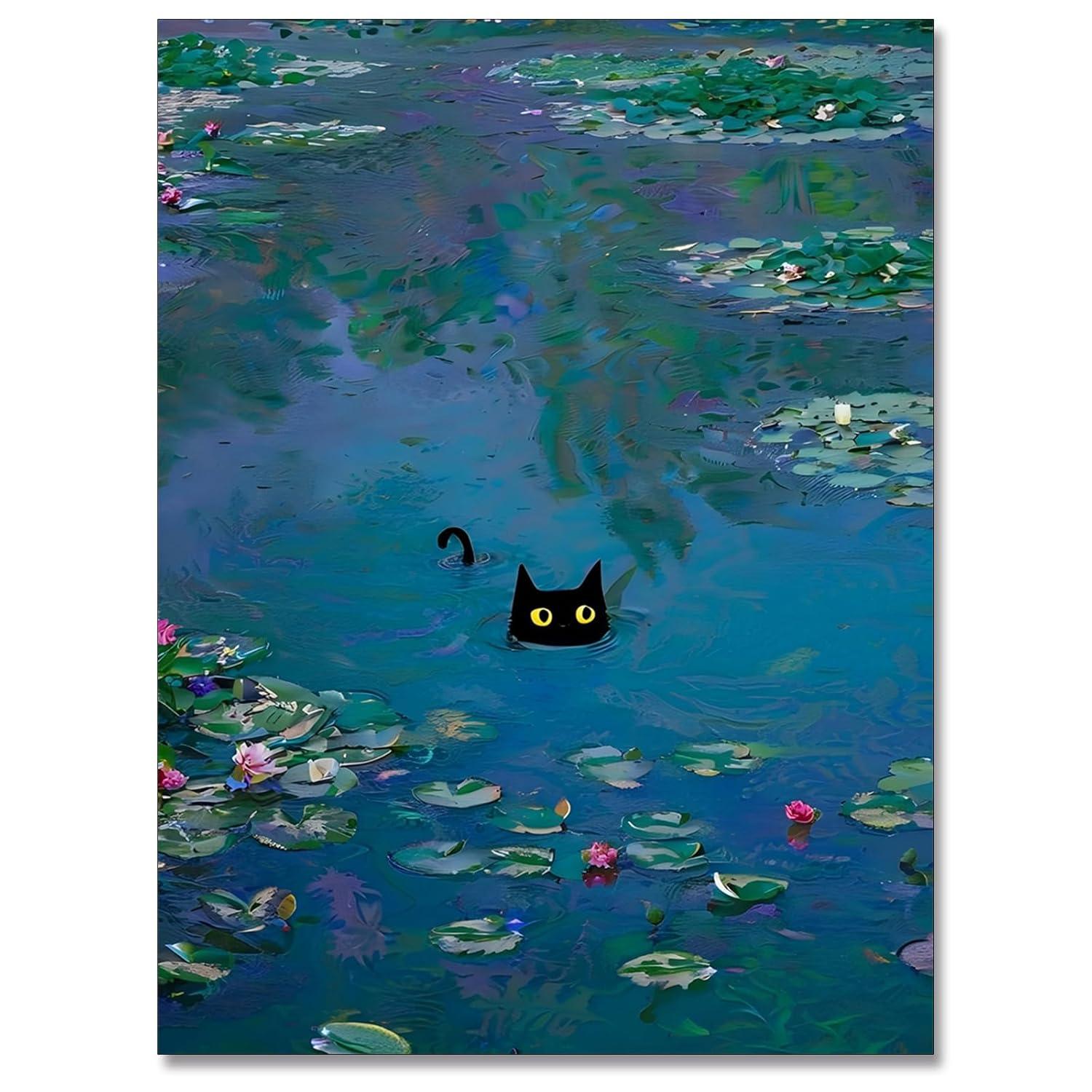 Black Cat Wall Art Monet Canvas Prints Vintage Famous Oil Paintings Funny Cat in Water Lilies Posters Room Decor For Bedroom Living Room Bathroom Aesthetic Wall Decor 12x16in Unframed